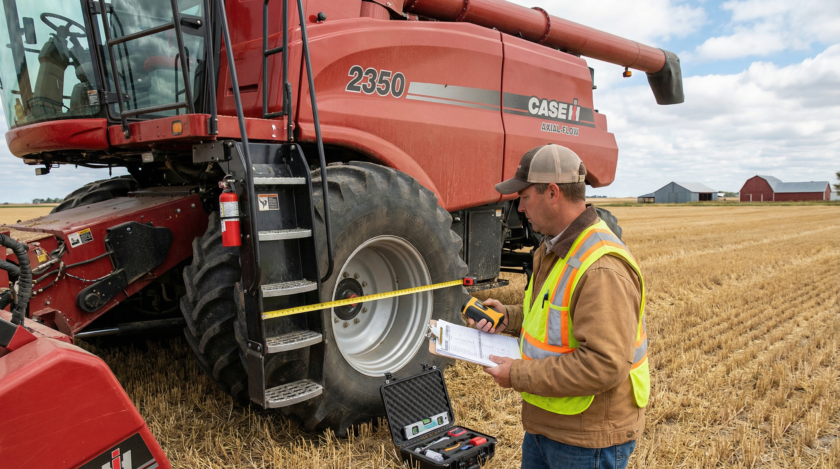 Professional appraiser inspecting a large red combine harvester in a farm field with clipboard and measuring tools
