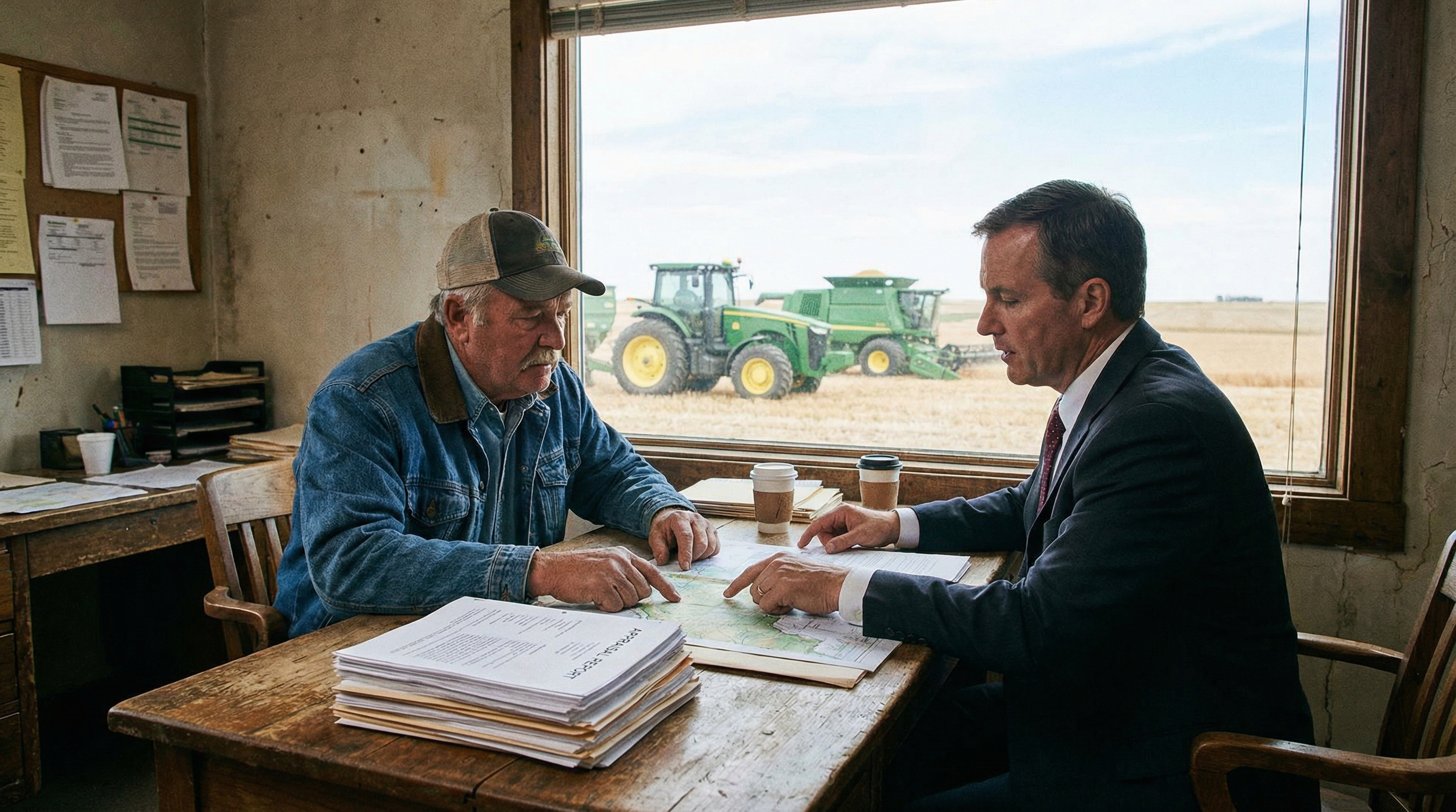 Farmer and banker reviewing appraisal documents at a desk with farm equipment visible through the window