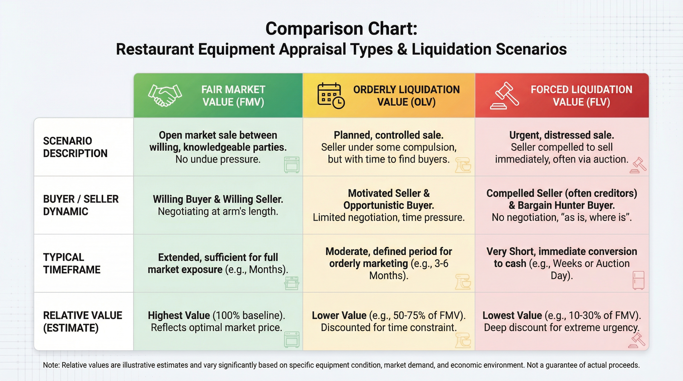 Comparison chart showing different appraisal types with fair market value, orderly liquidation, and forced liquidation scenarios for restaurant equipment