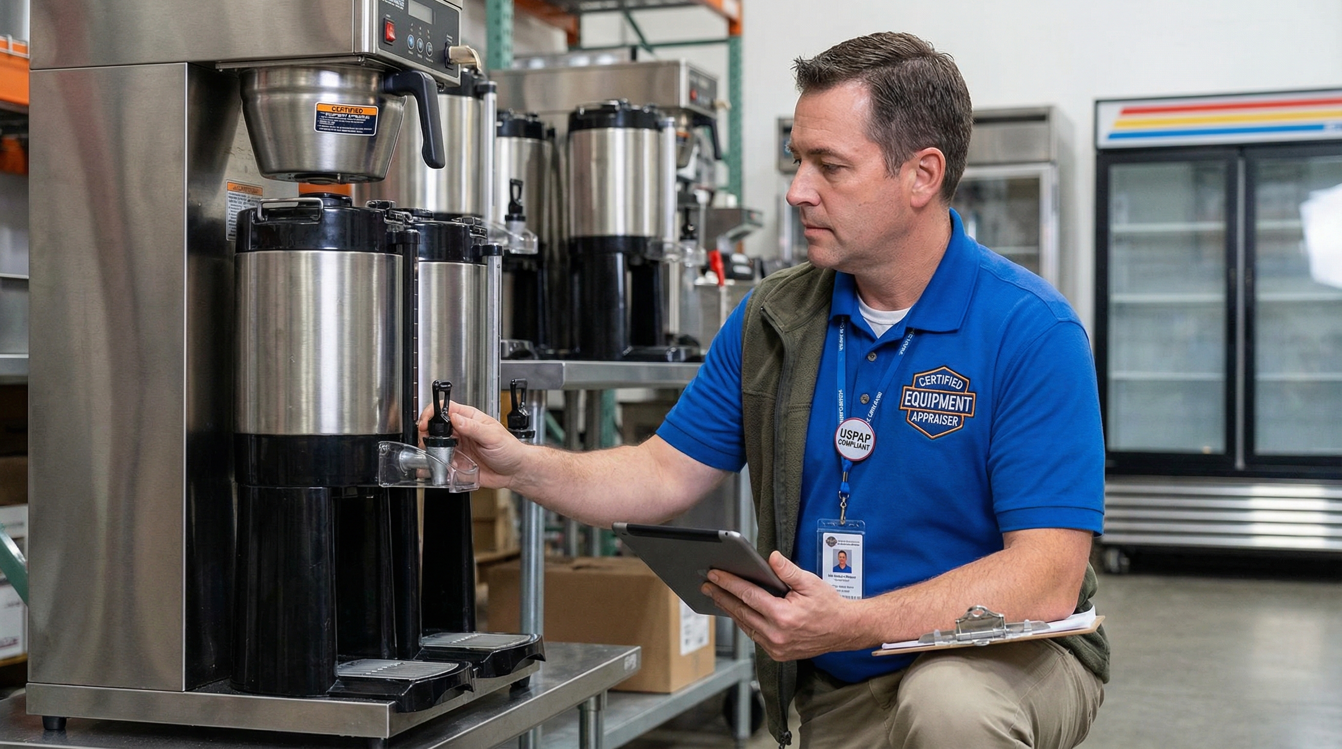Certified appraiser examining commercial beverage equipment with professional credentials and USPAP compliance badges visible