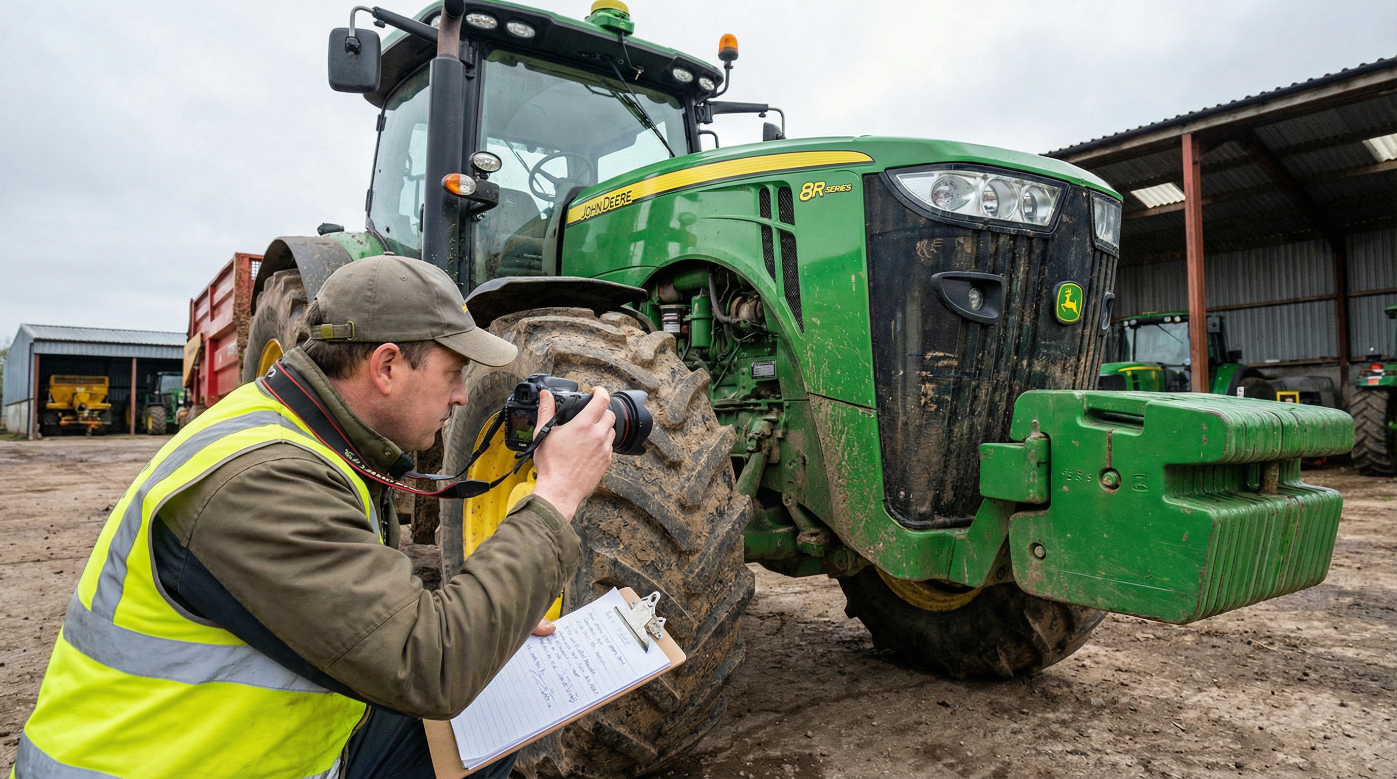 Farm equipment appraiser taking detailed photos and notes of a John Deere tractor