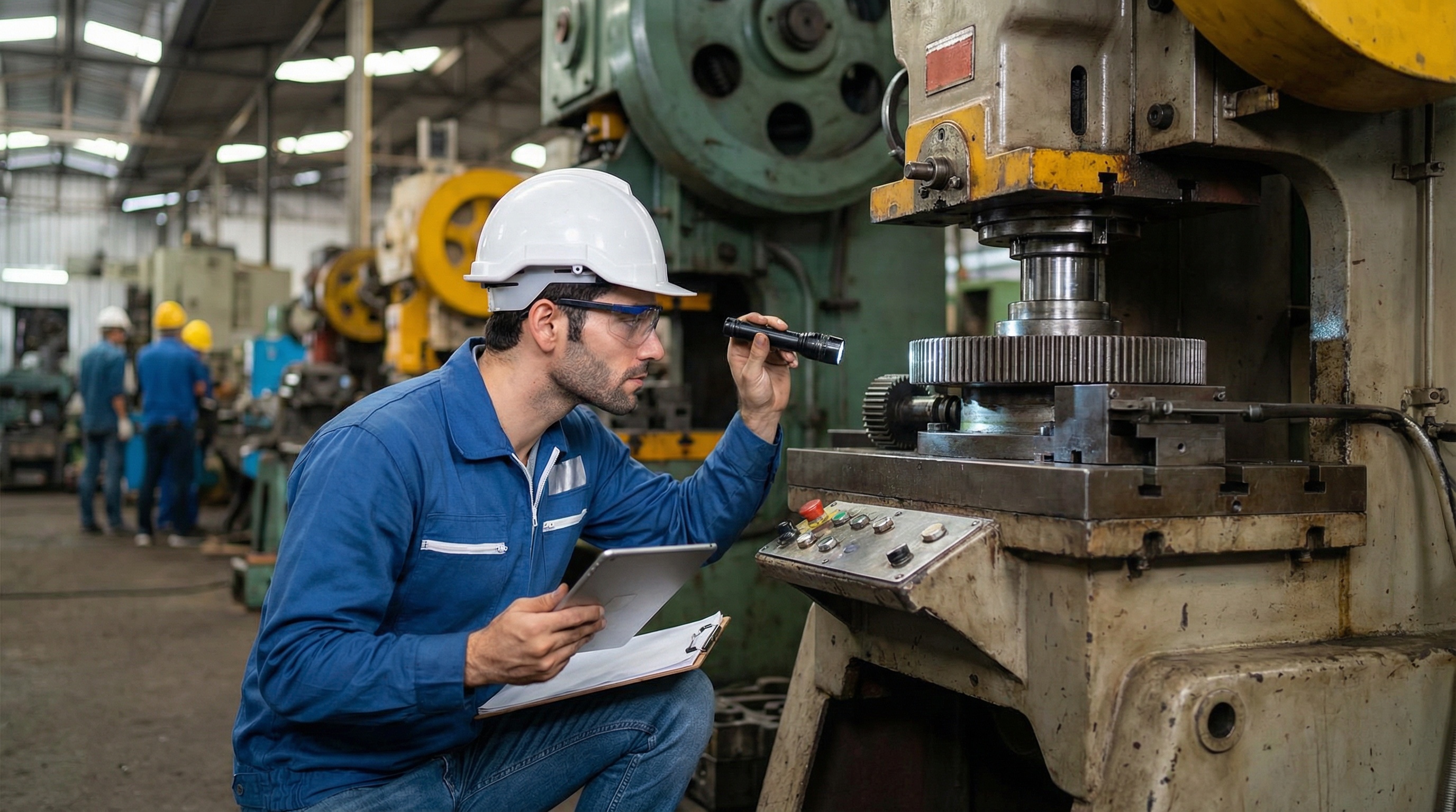 Appraiser inspecting industrial equipment