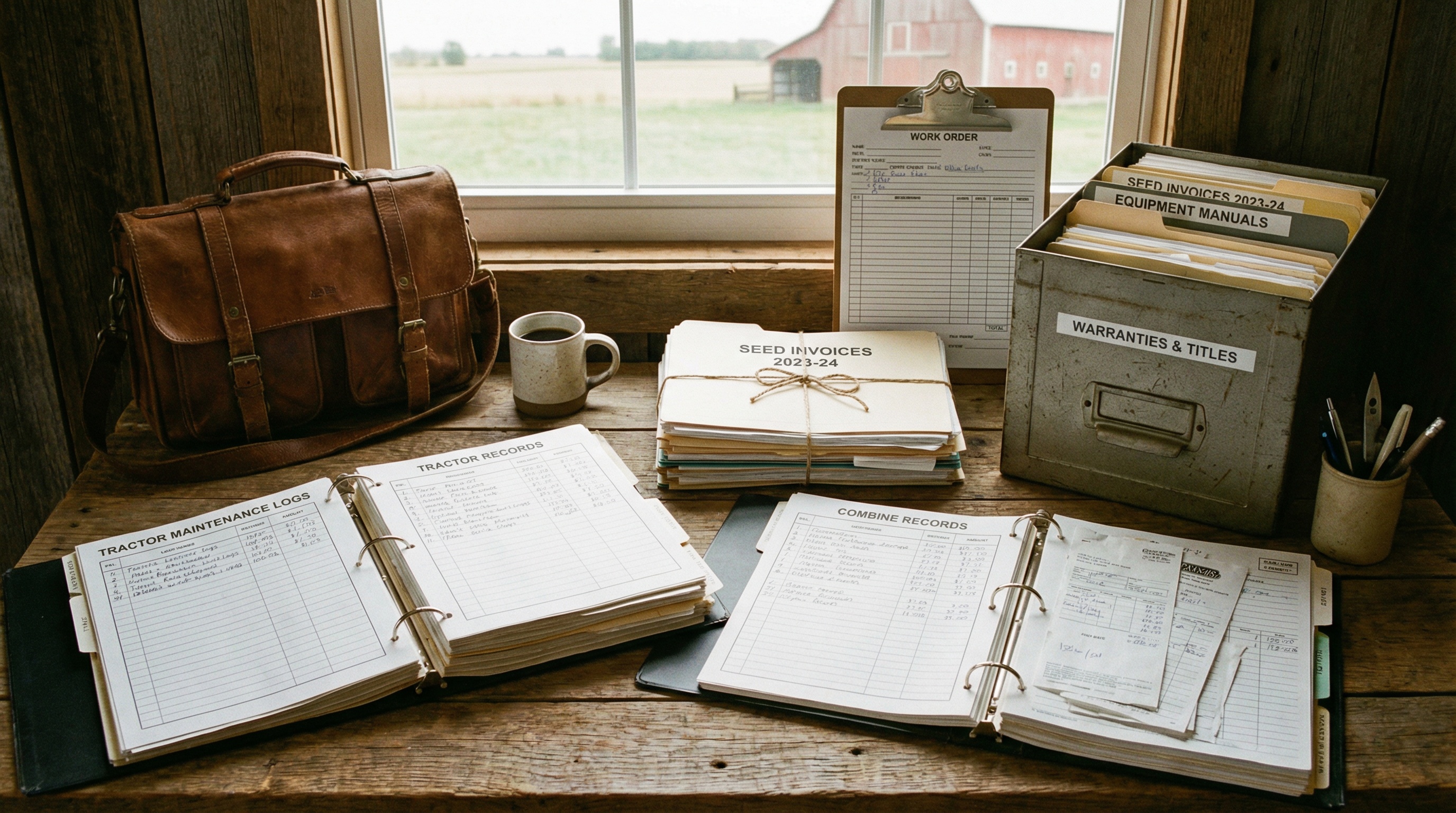 Organized farm equipment documents and maintenance records