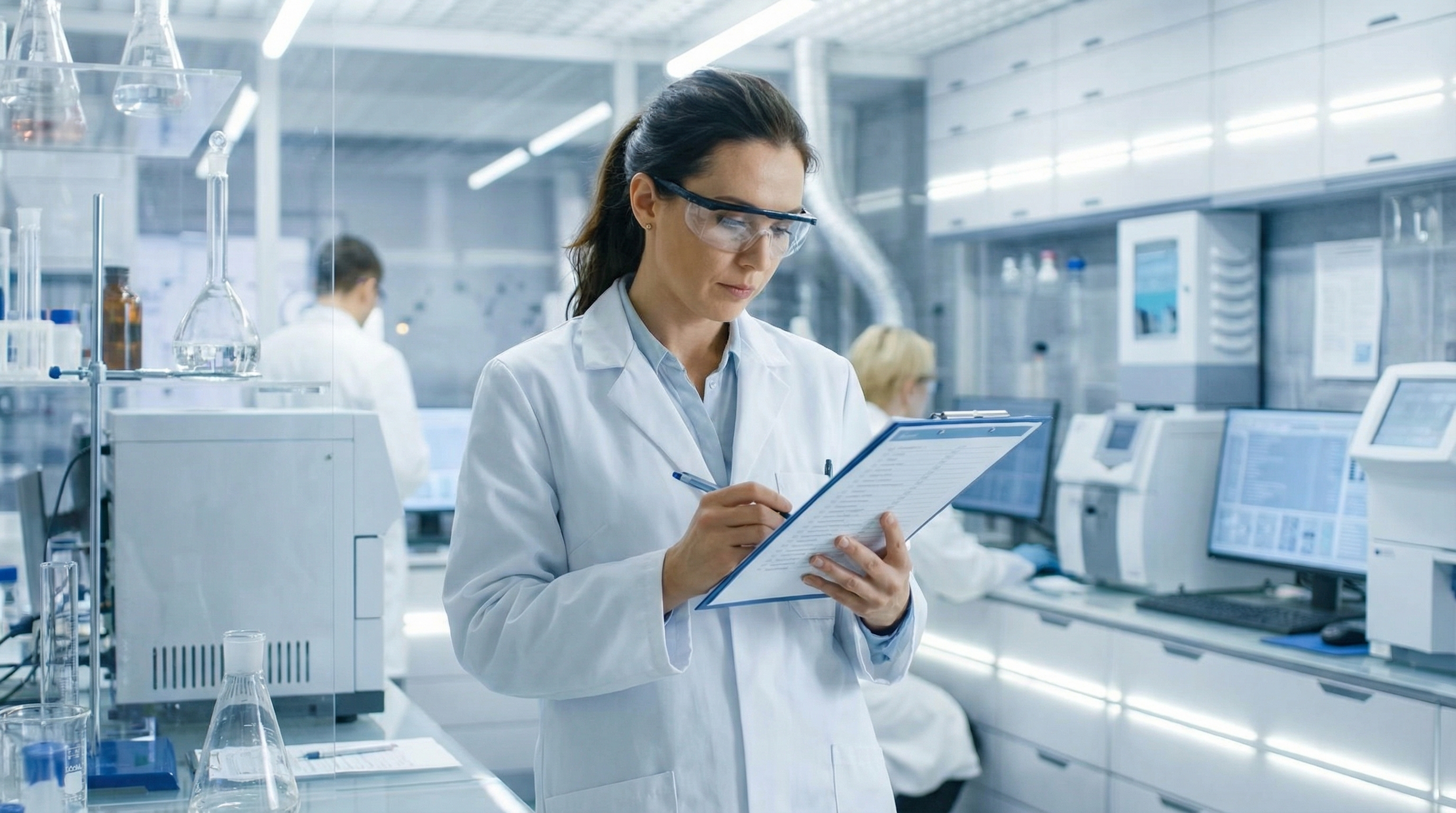 Laboratory manager documenting equipment inventory with clipboard in modern lab