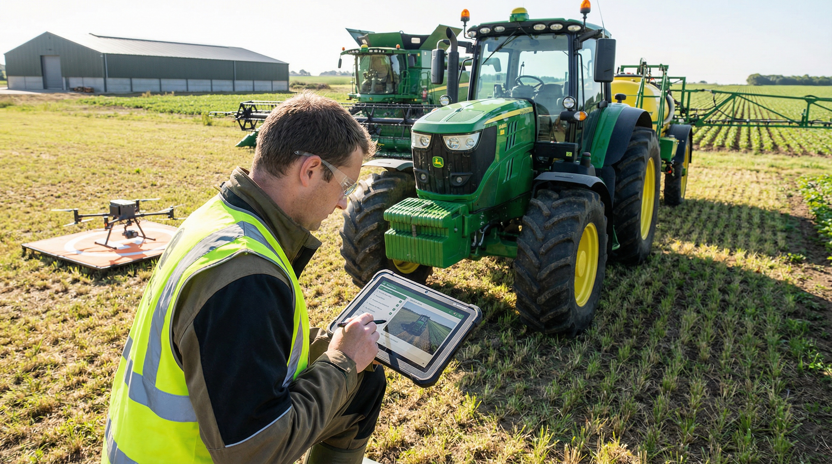 Professional using tablet to document farm equipment