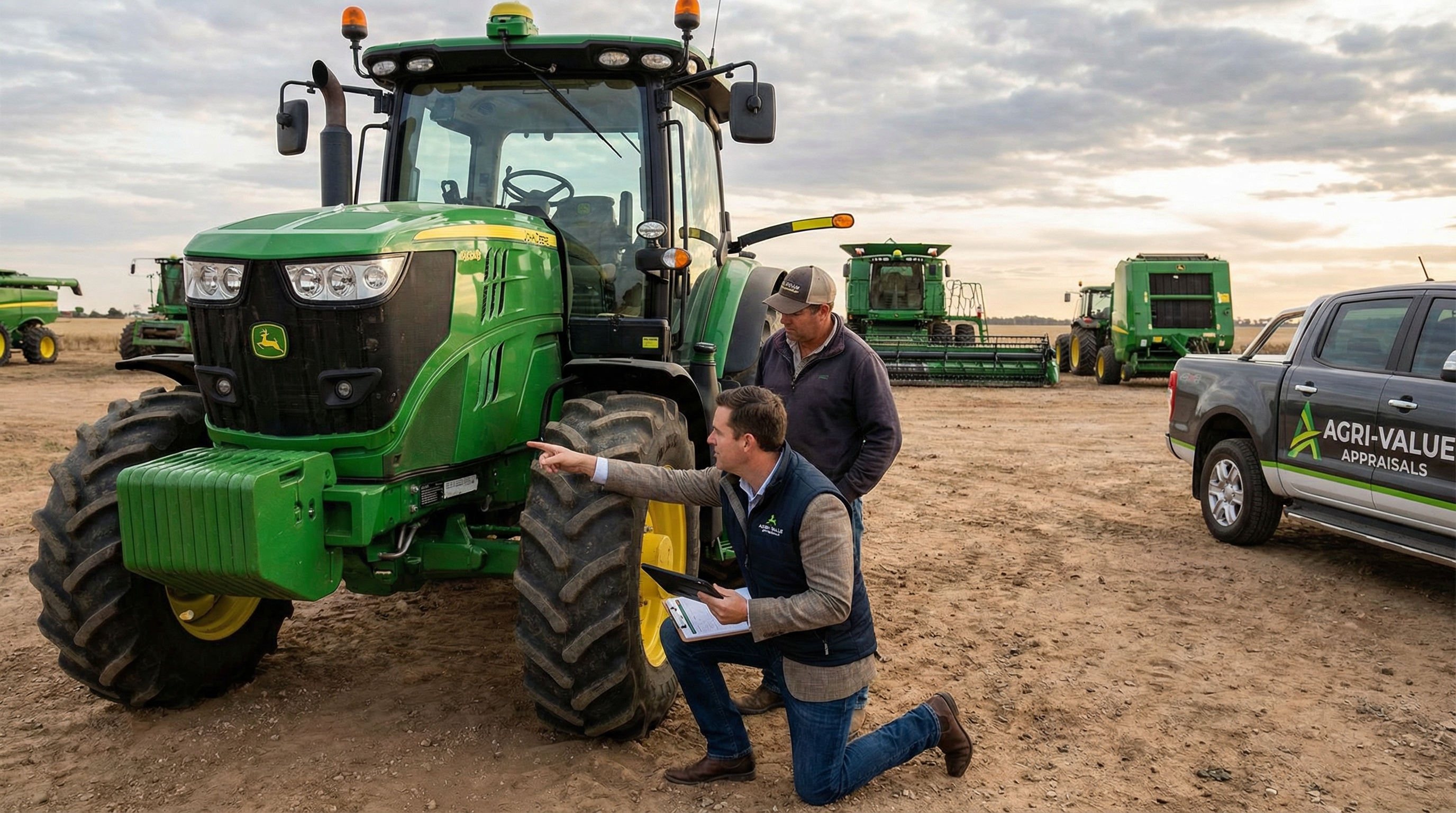 Professional appraiser inspecting farm tractors and agricultural equipment