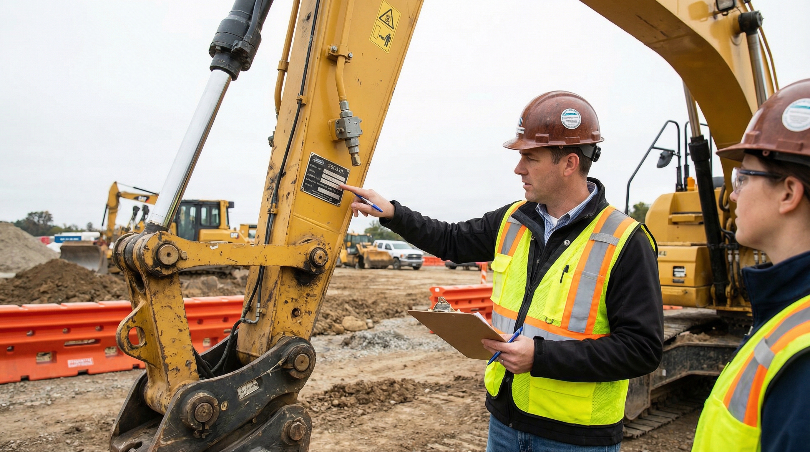 construction equipment being inspected by professional appraiser with clipboard