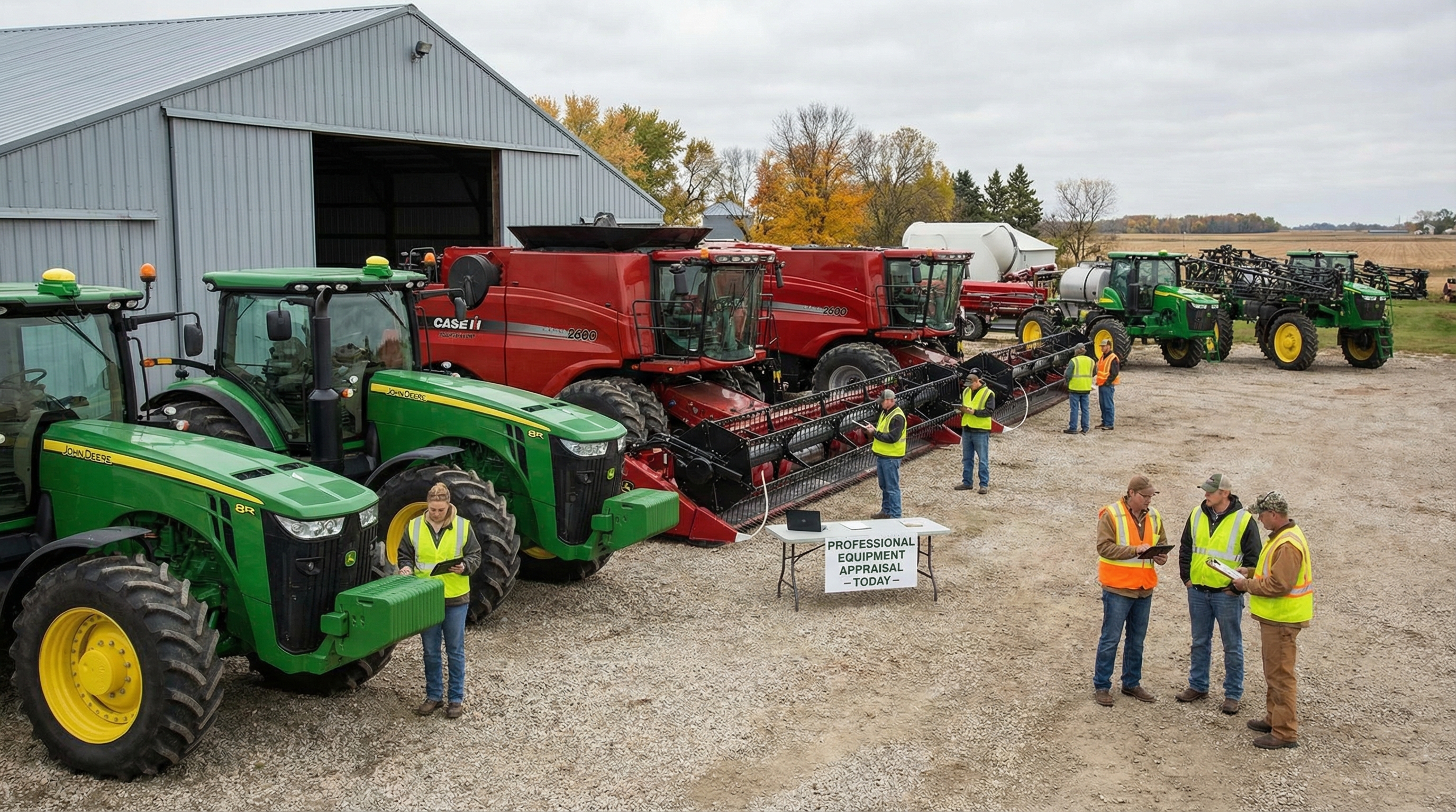 Modern farm equipment lined up for appraisal inspection