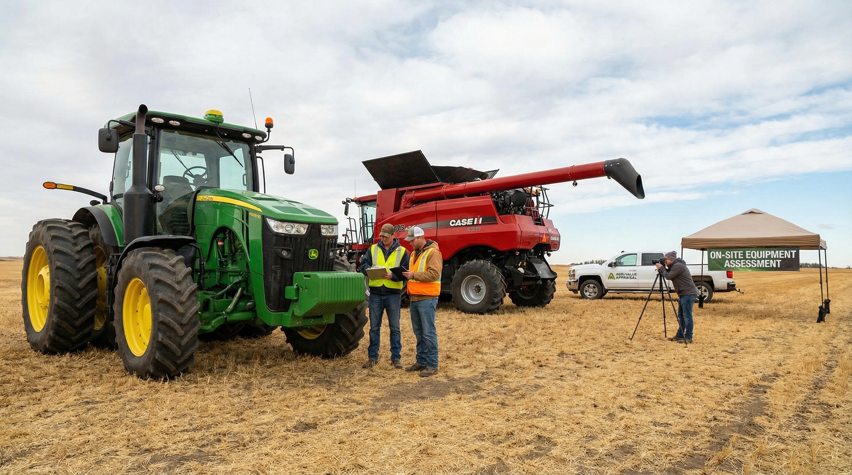 Farm equipment appraisal with tractor and combine inspection