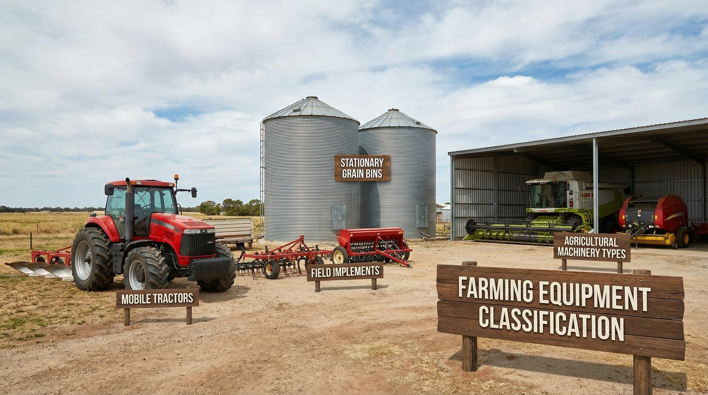 Farm equipment categories showing mobile and stationary implements