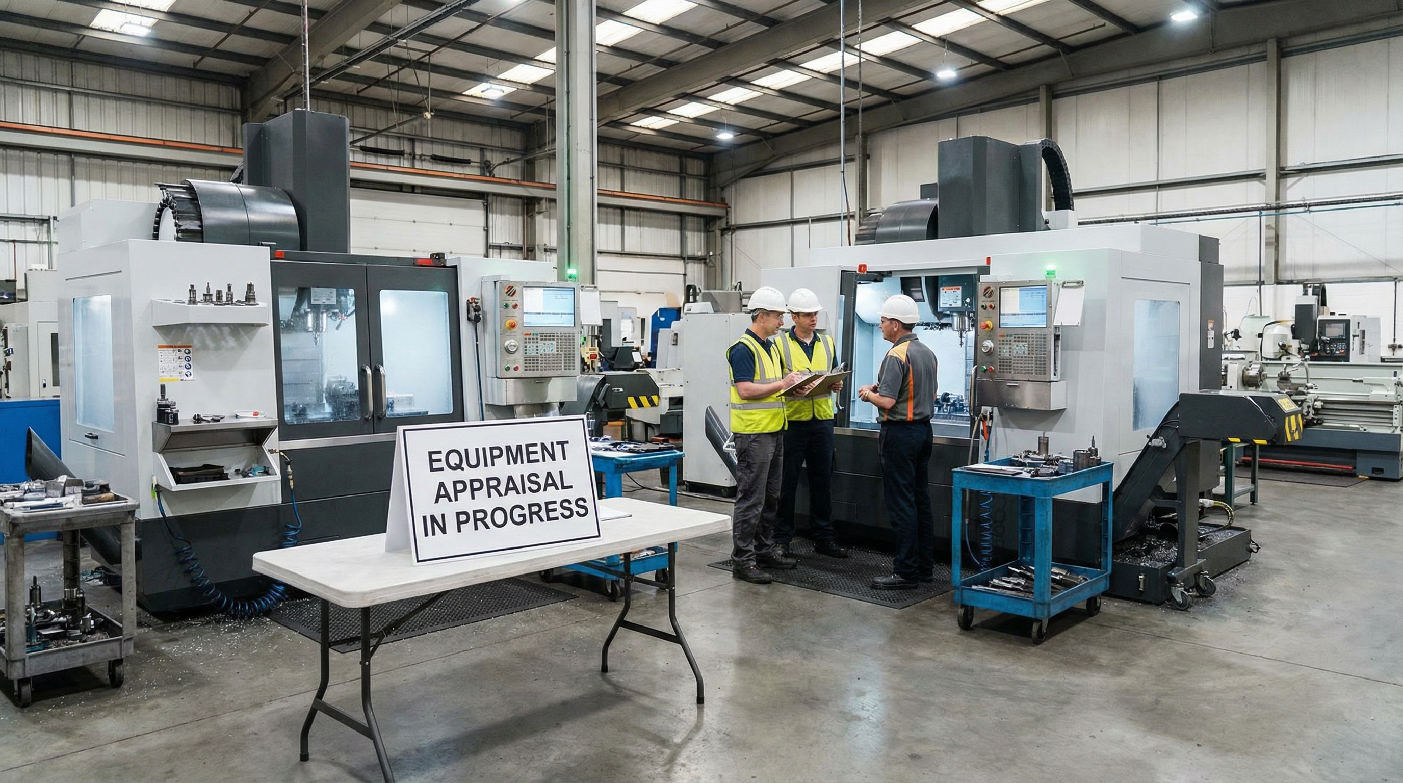 Metalworking equipment appraisal with CNC machines in factory setting