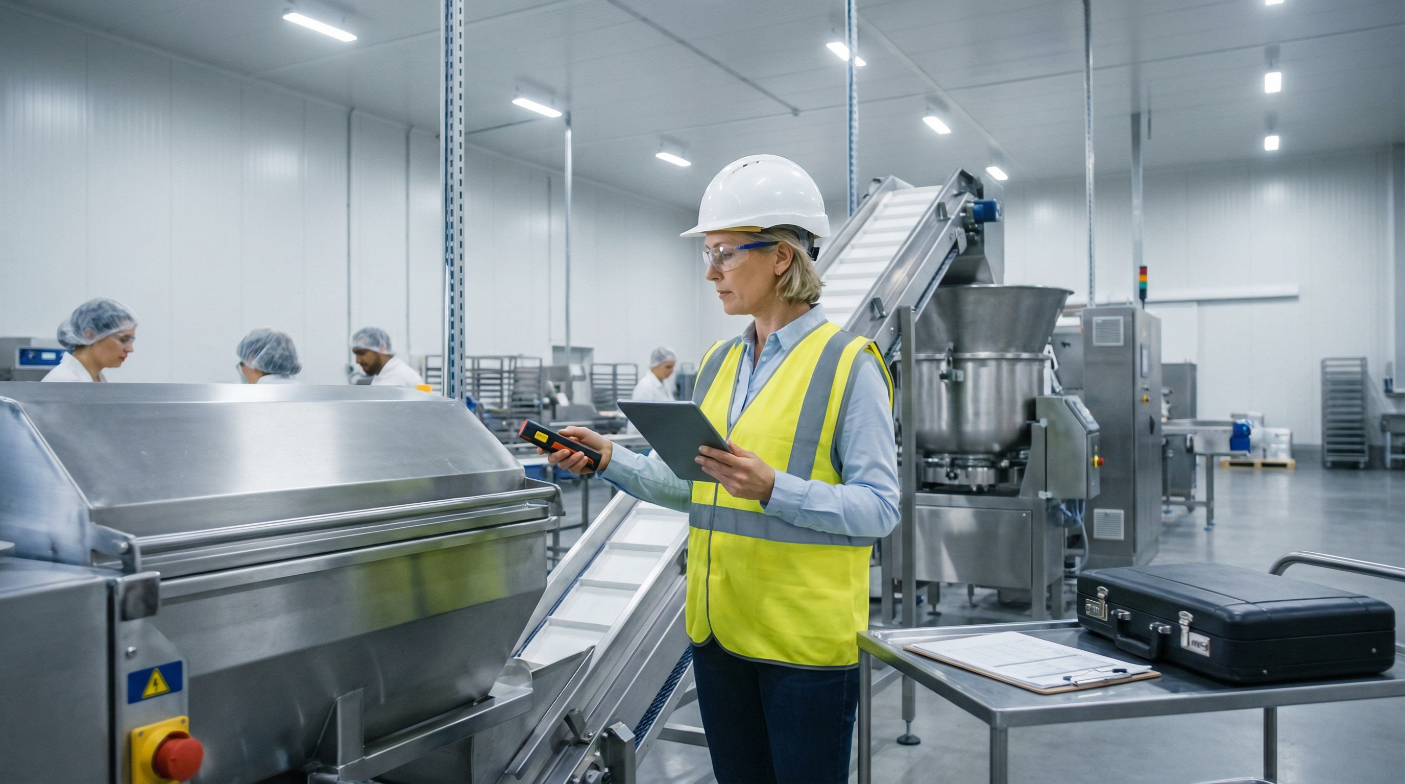 Professional appraiser in lab coat examining scientific equipment with clipboard and measuring tools