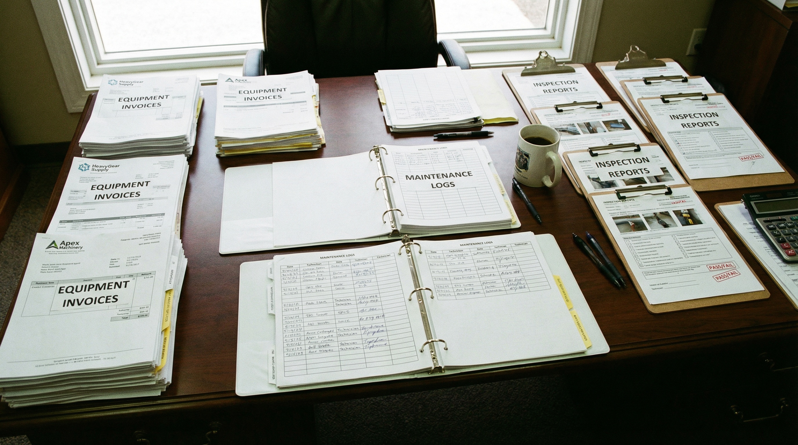 Organized documentation spread on desk showing equipment invoices, maintenance logs, and inspection reports