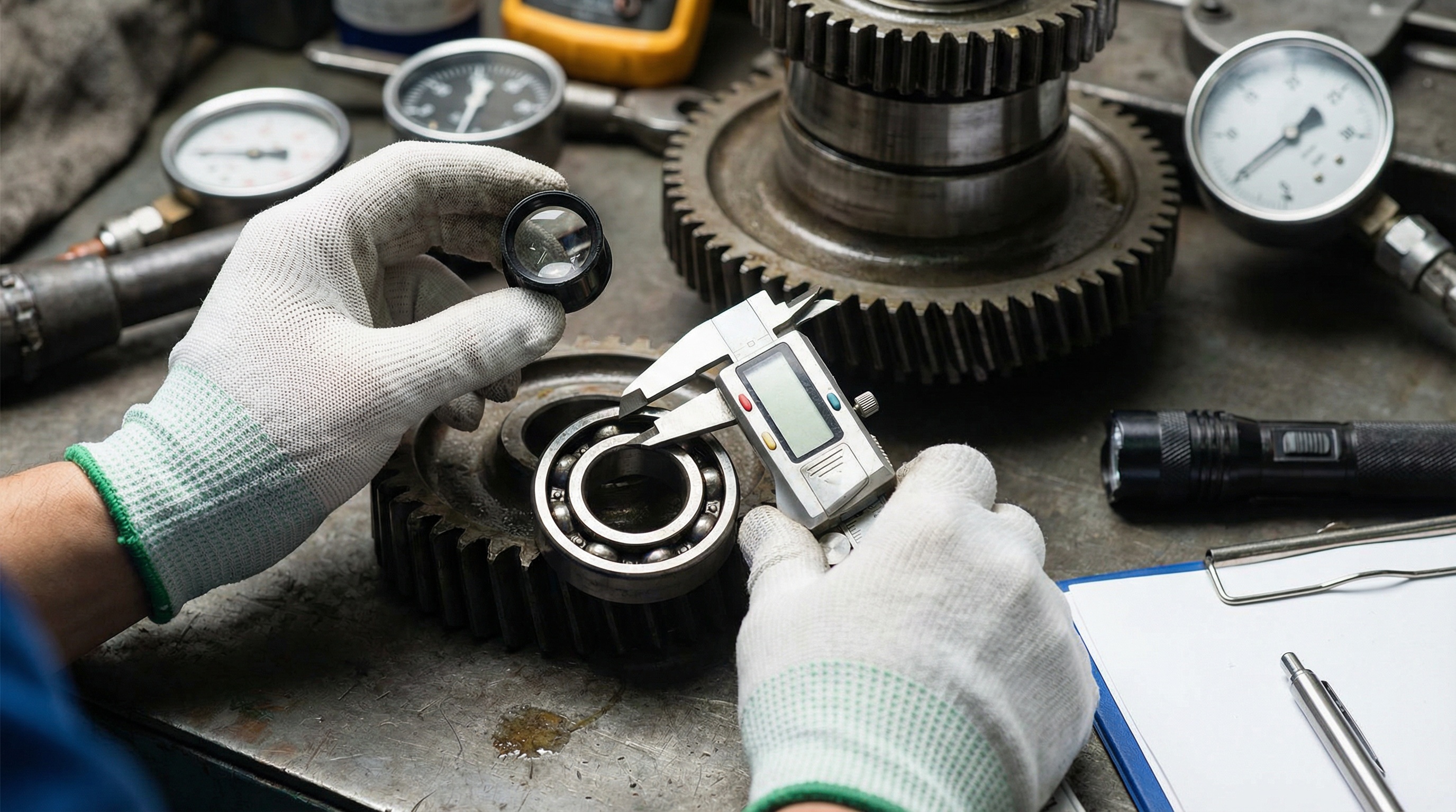 Close-up of appraiser's hands examining machinery components with inspection tools
