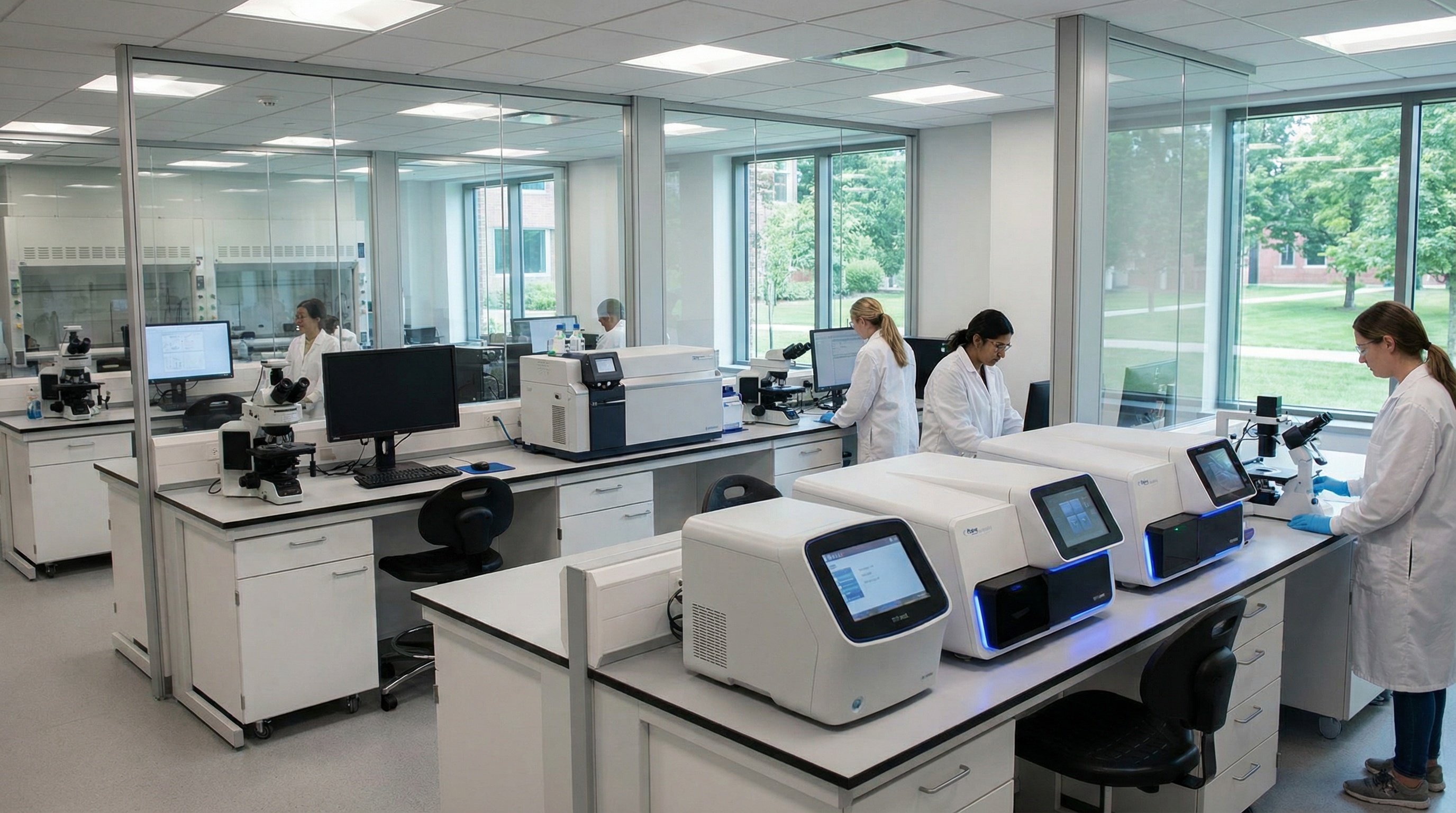 laboratory equipment including microscopes, spectrometers, and analytical instruments in a modern lab setting