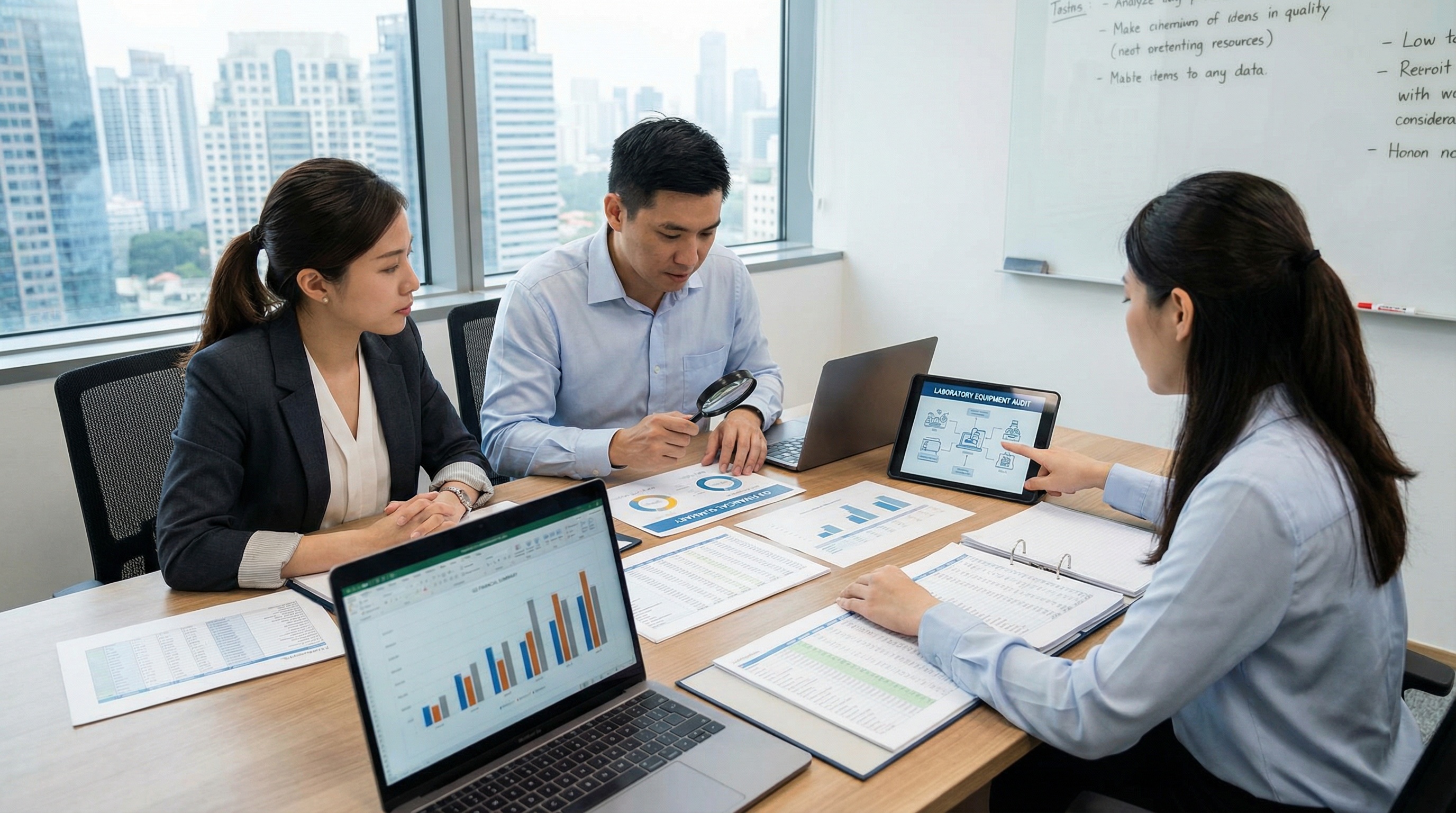 business professionals reviewing financial documents and lab equipment reports