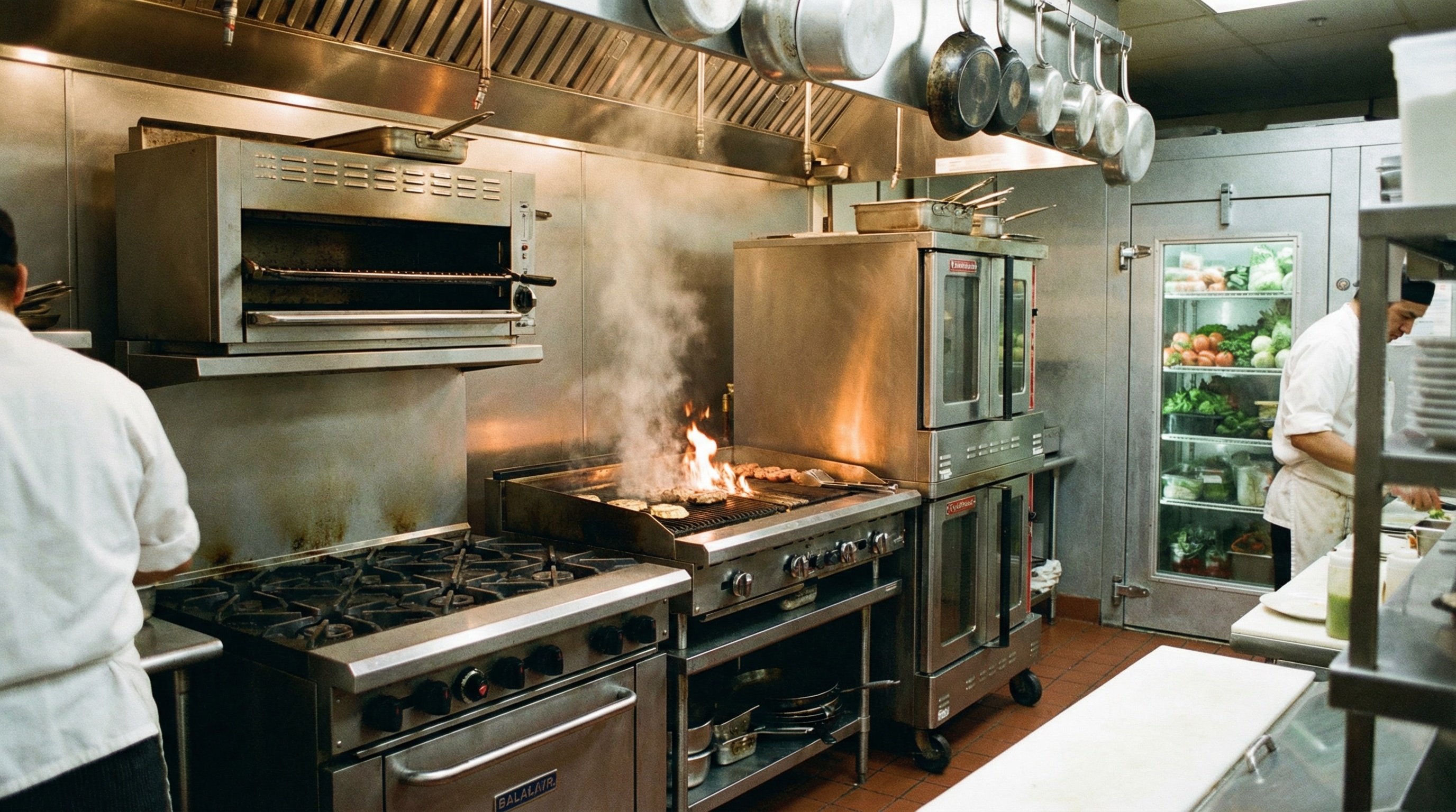restaurant kitchen showing various commercial equipment including ovens, grills, and refrigeration units