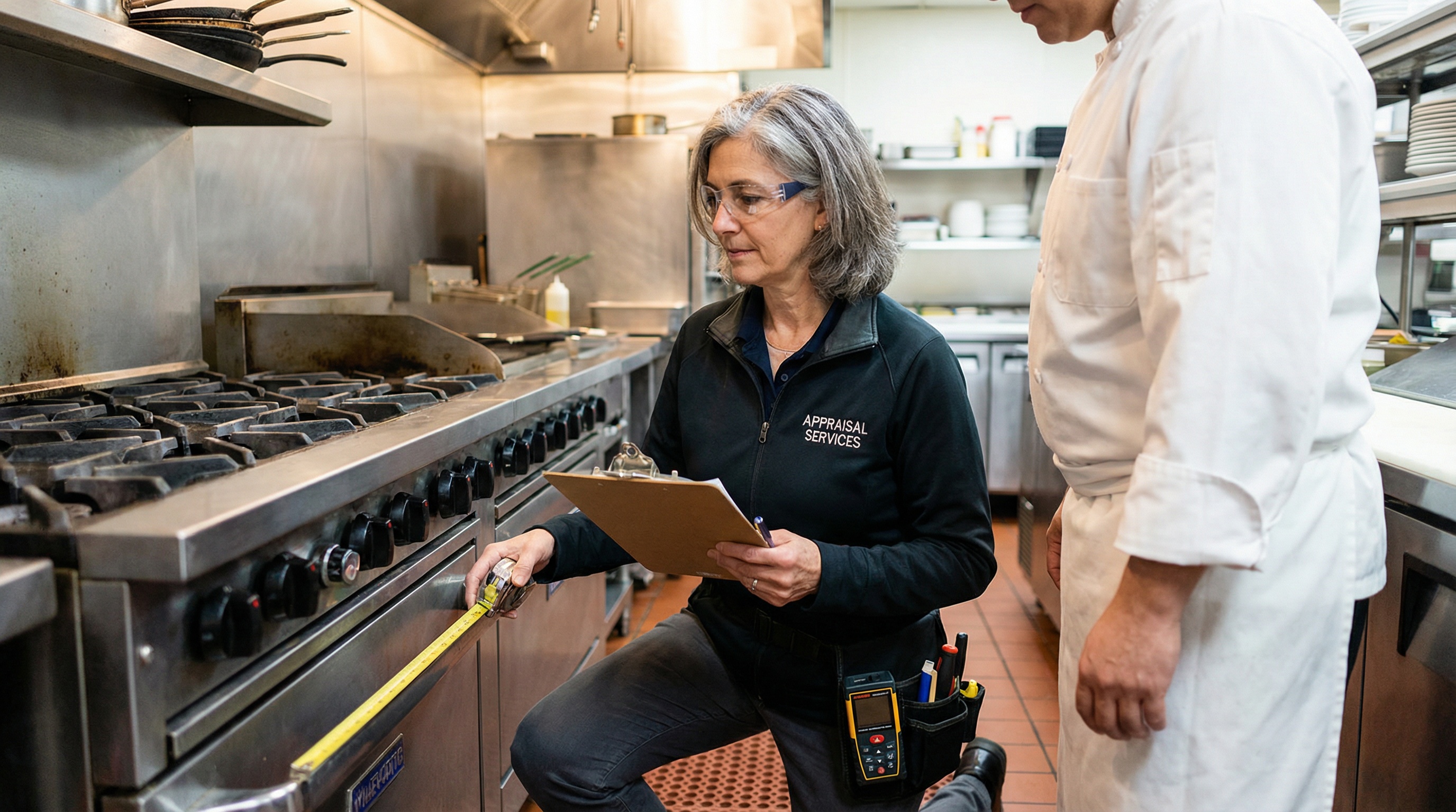 professional appraiser inspecting commercial kitchen equipment with clipboard and measuring tools