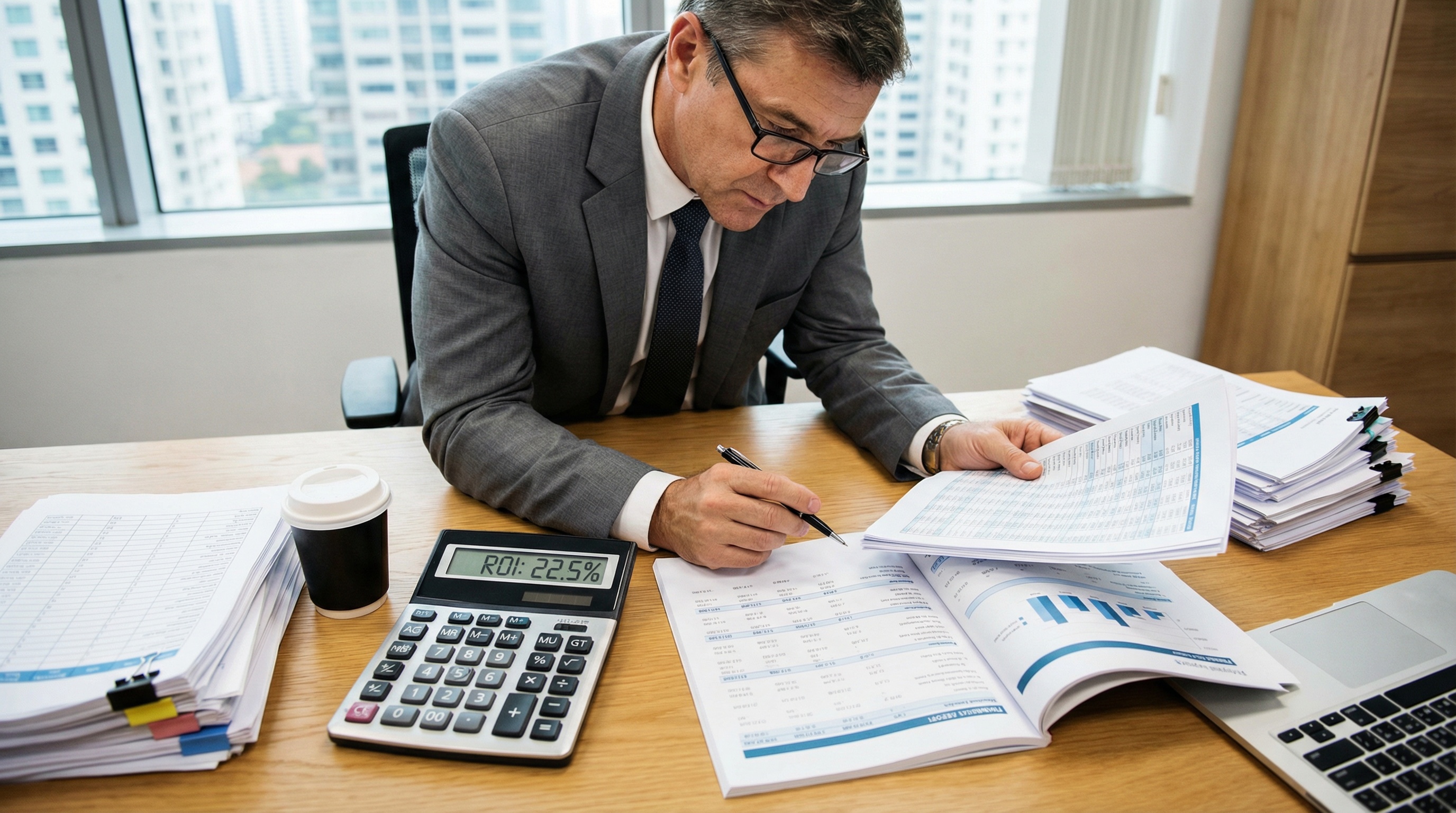 businessman reviewing financial documents with calculator showing ROI calculations