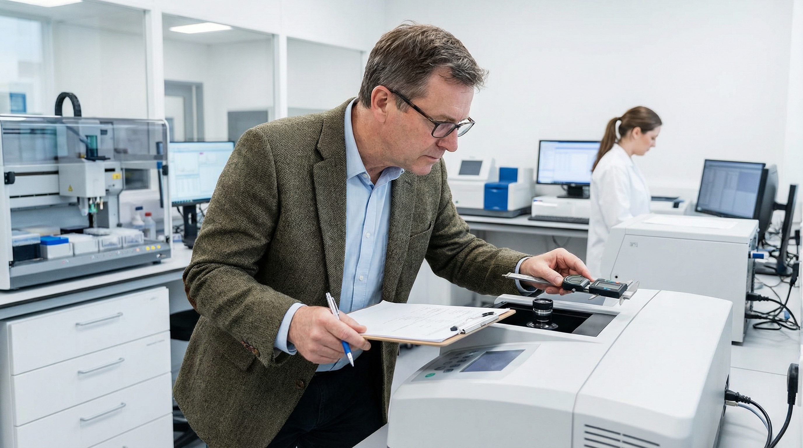 professional appraiser examining laboratory equipment with clipboard and measuring tools in modern lab setting