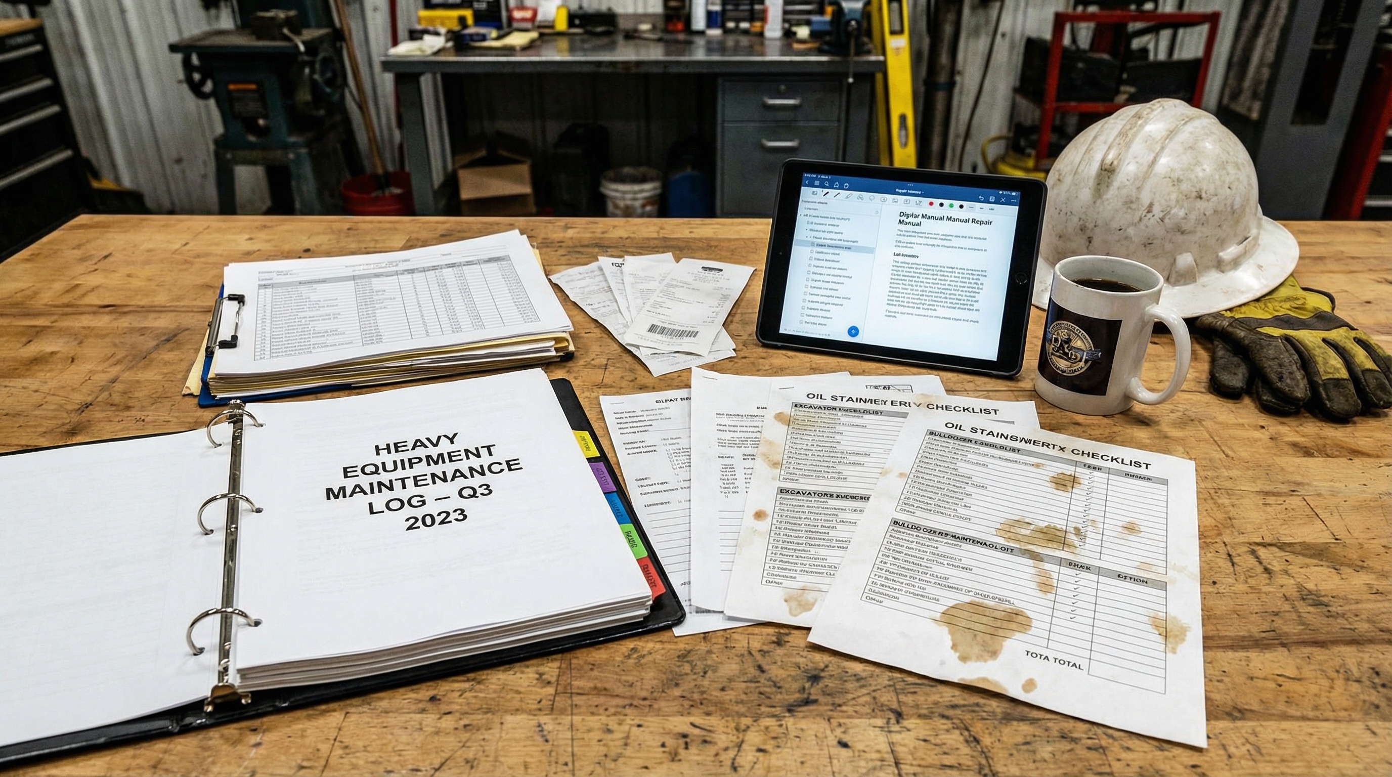 construction equipment maintenance records and documentation spread on desk
