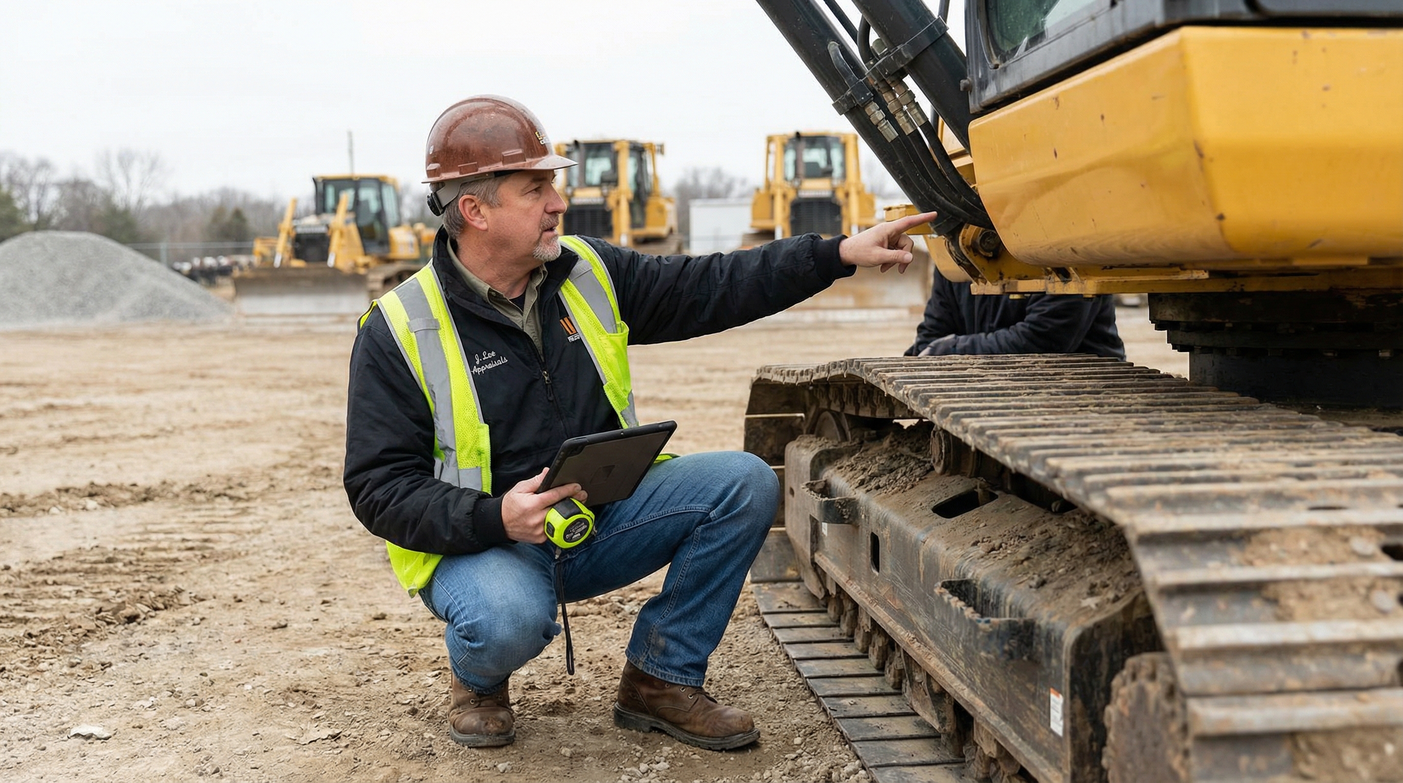construction equipment appraisal professional appraiser inspecting heavy machinery
