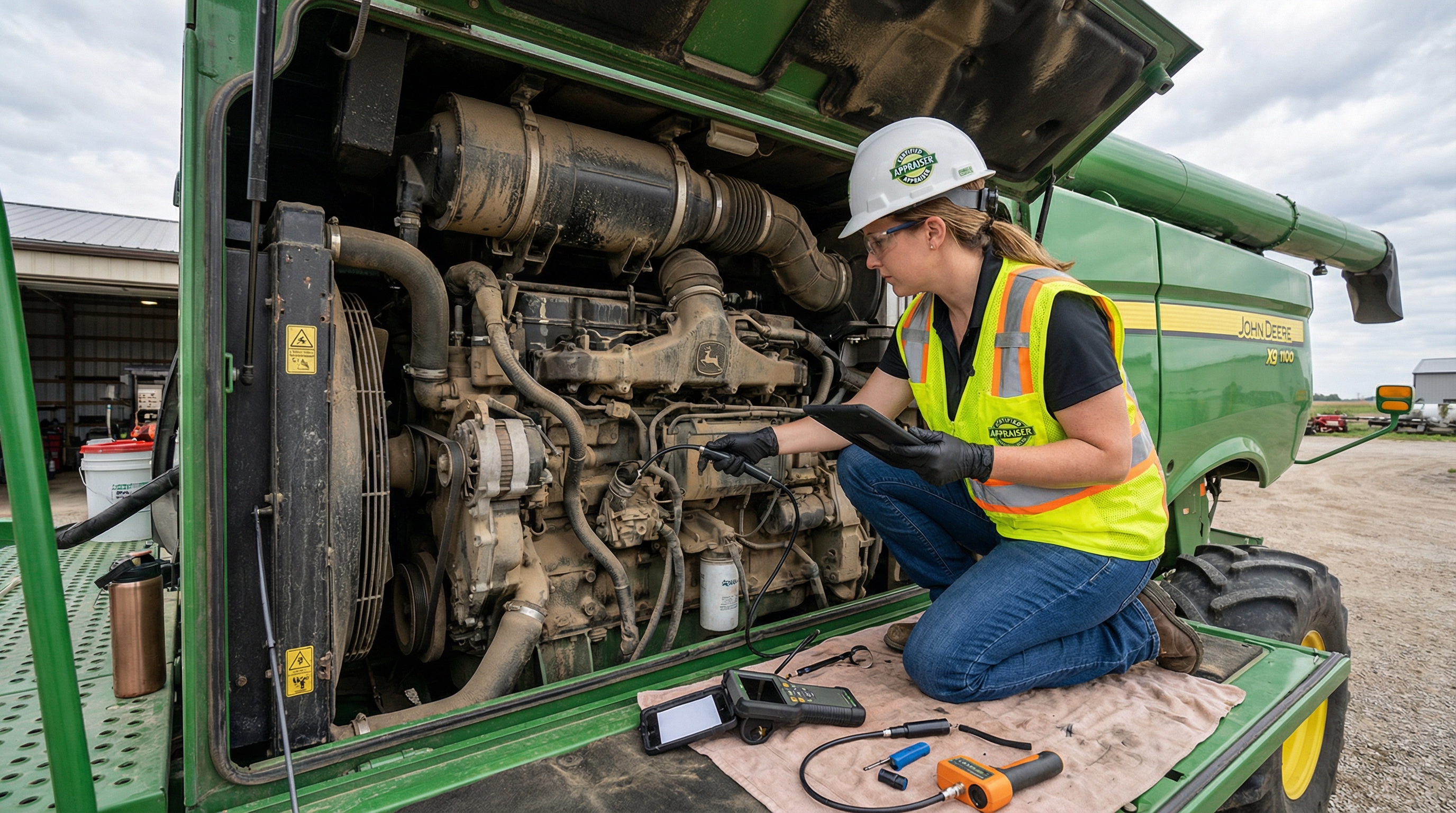 Professional appraiser examining combine harvester engine compartment with inspection tools
