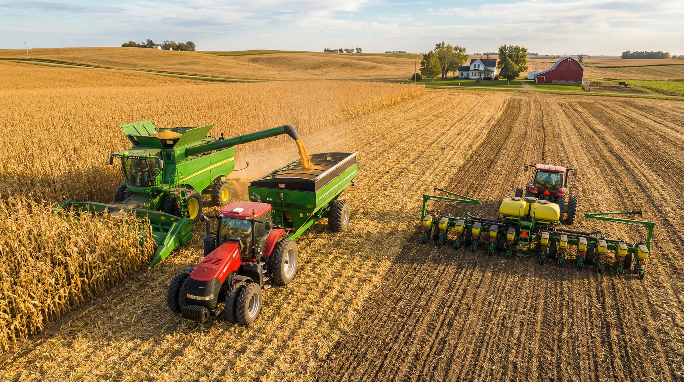 Various farm equipment including combine harvester, planter and tractor in field