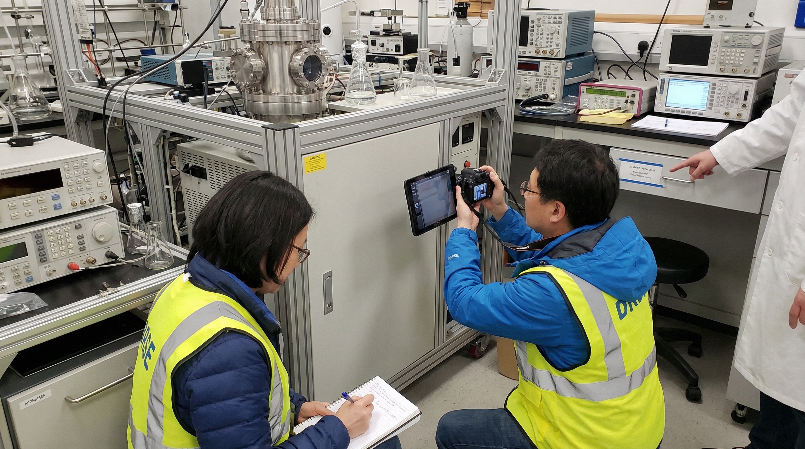 appraiser taking detailed photos and notes of laboratory equipment during onsite inspection