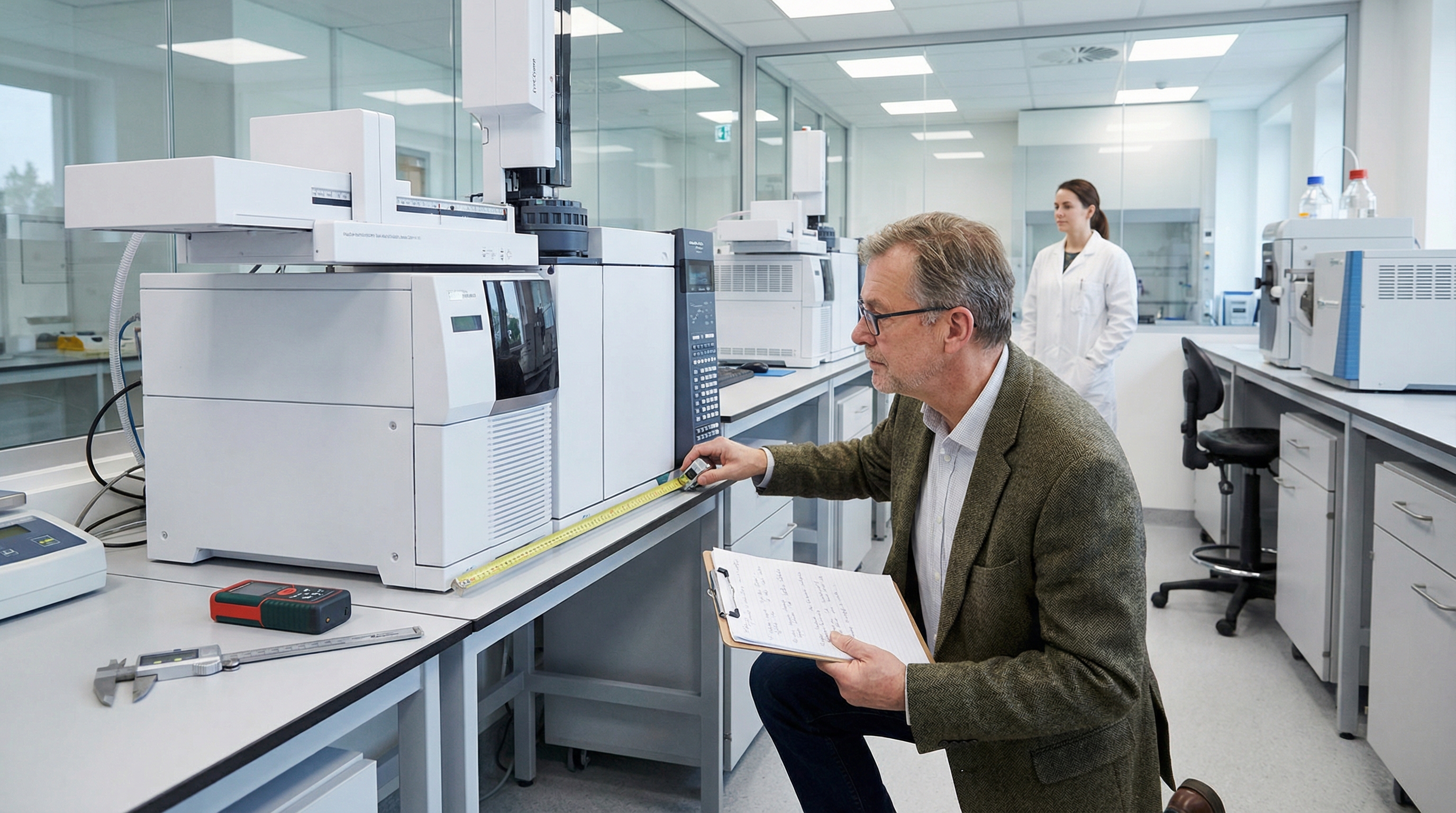 professional appraiser examining laboratory equipment with clipboard and measuring tools in modern lab setting