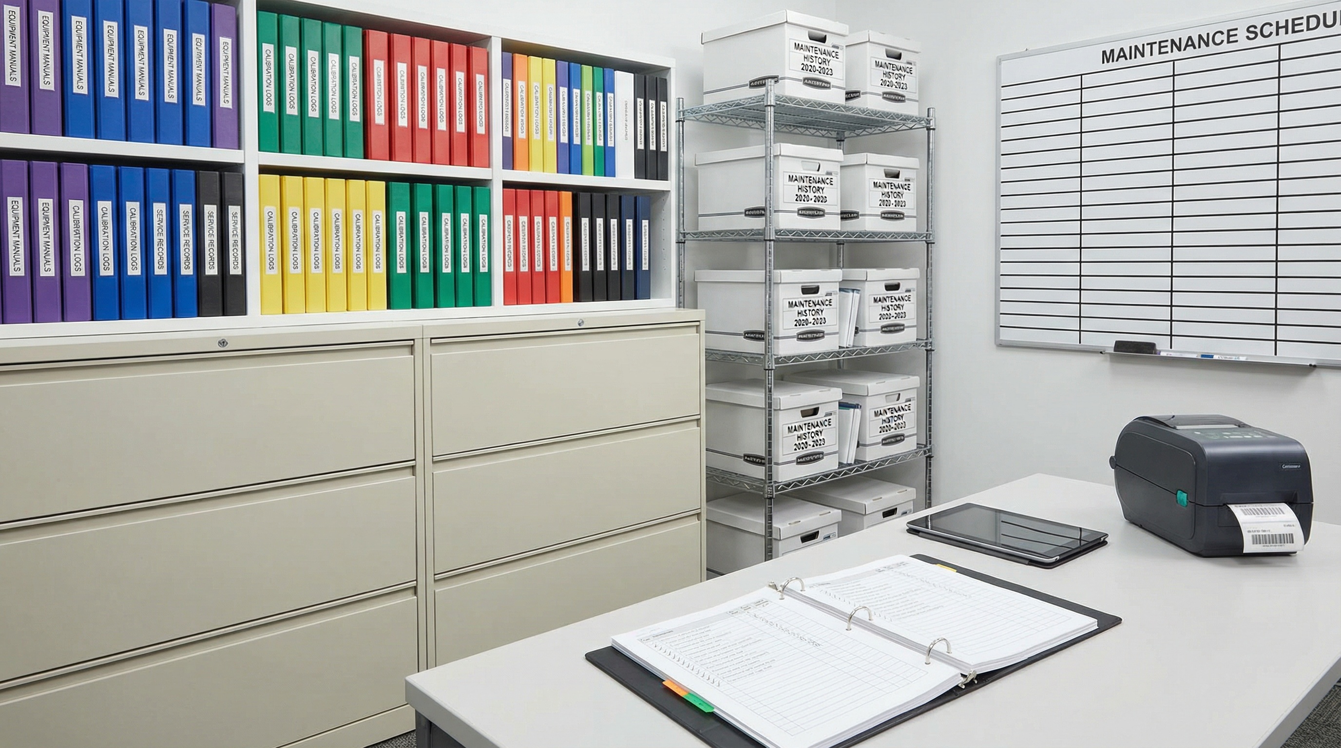 organized filing system with lab equipment documentation and maintenance records