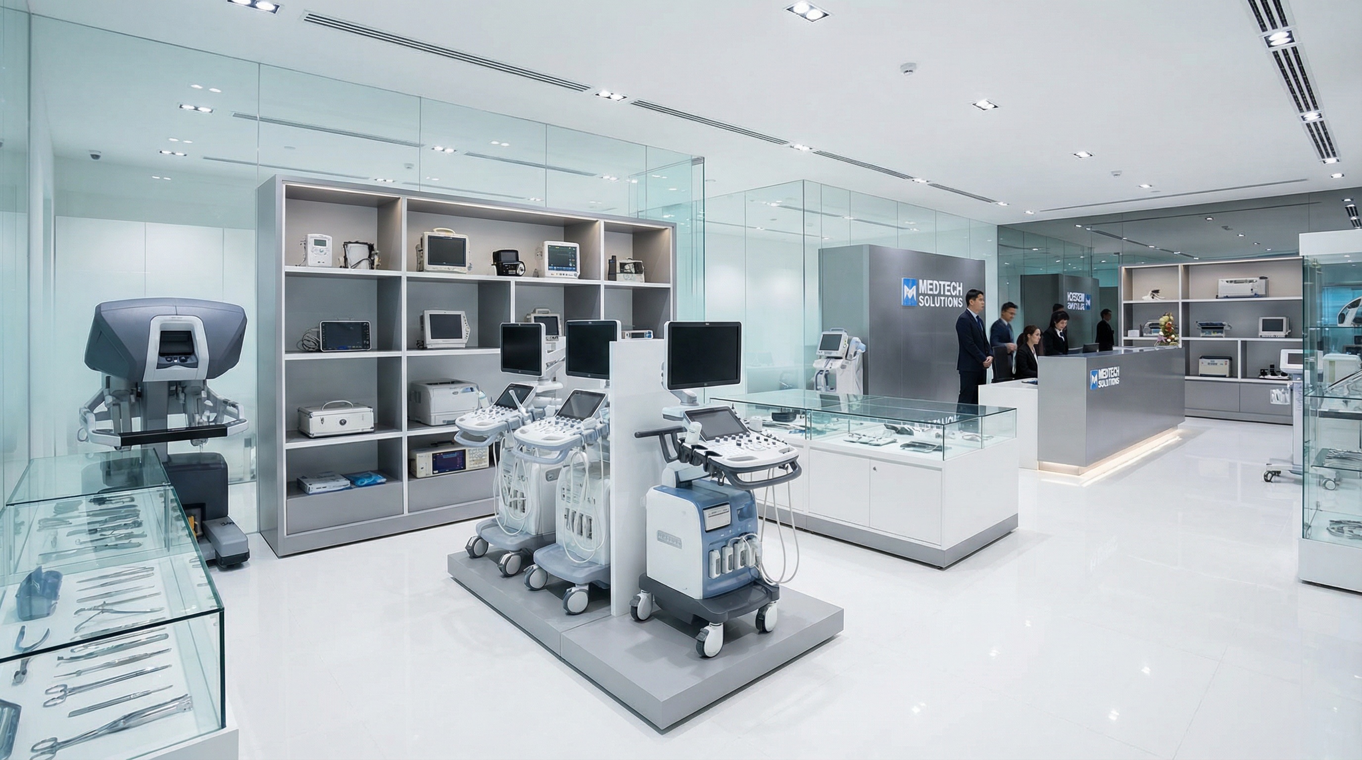 Modern medical equipment showroom displaying various diagnostic and surgical devices
