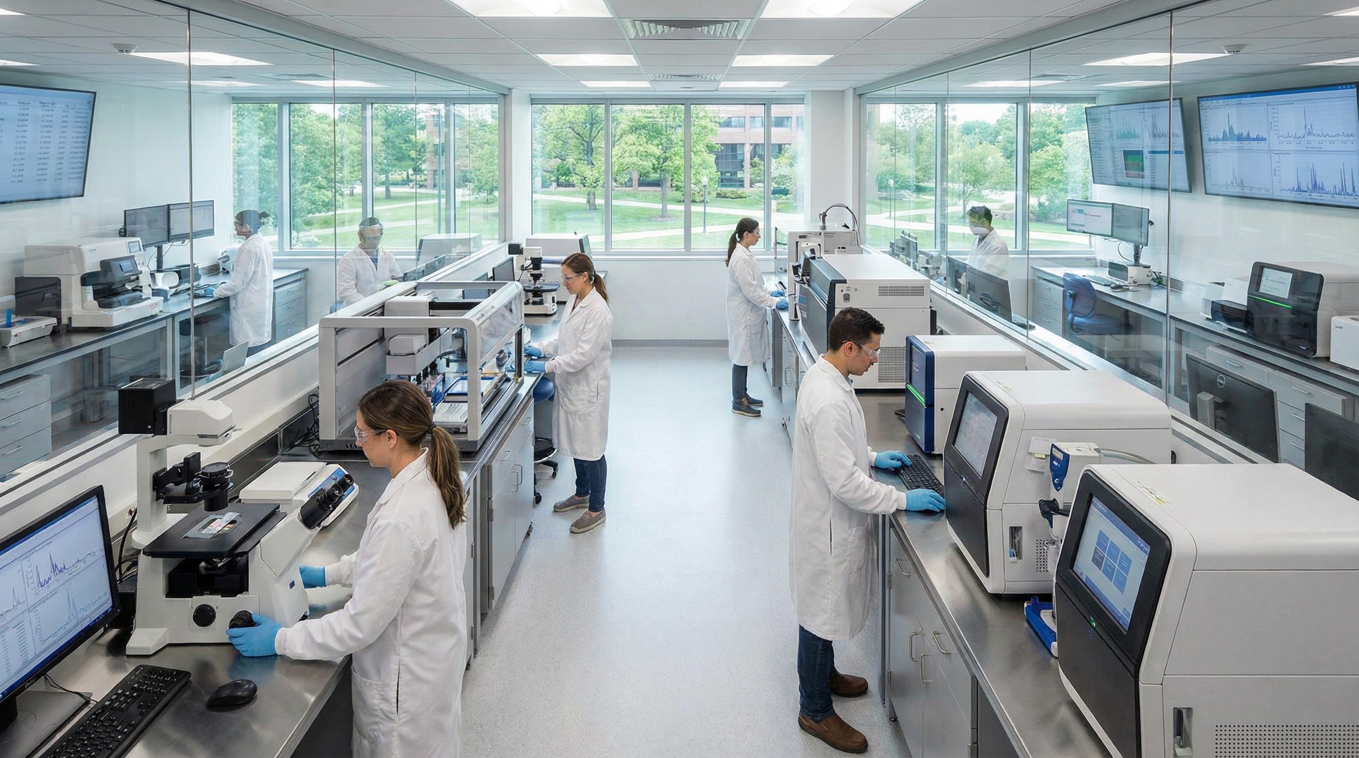 Modern laboratory with various scientific equipment including microscopes, centrifuges, and analytical instruments