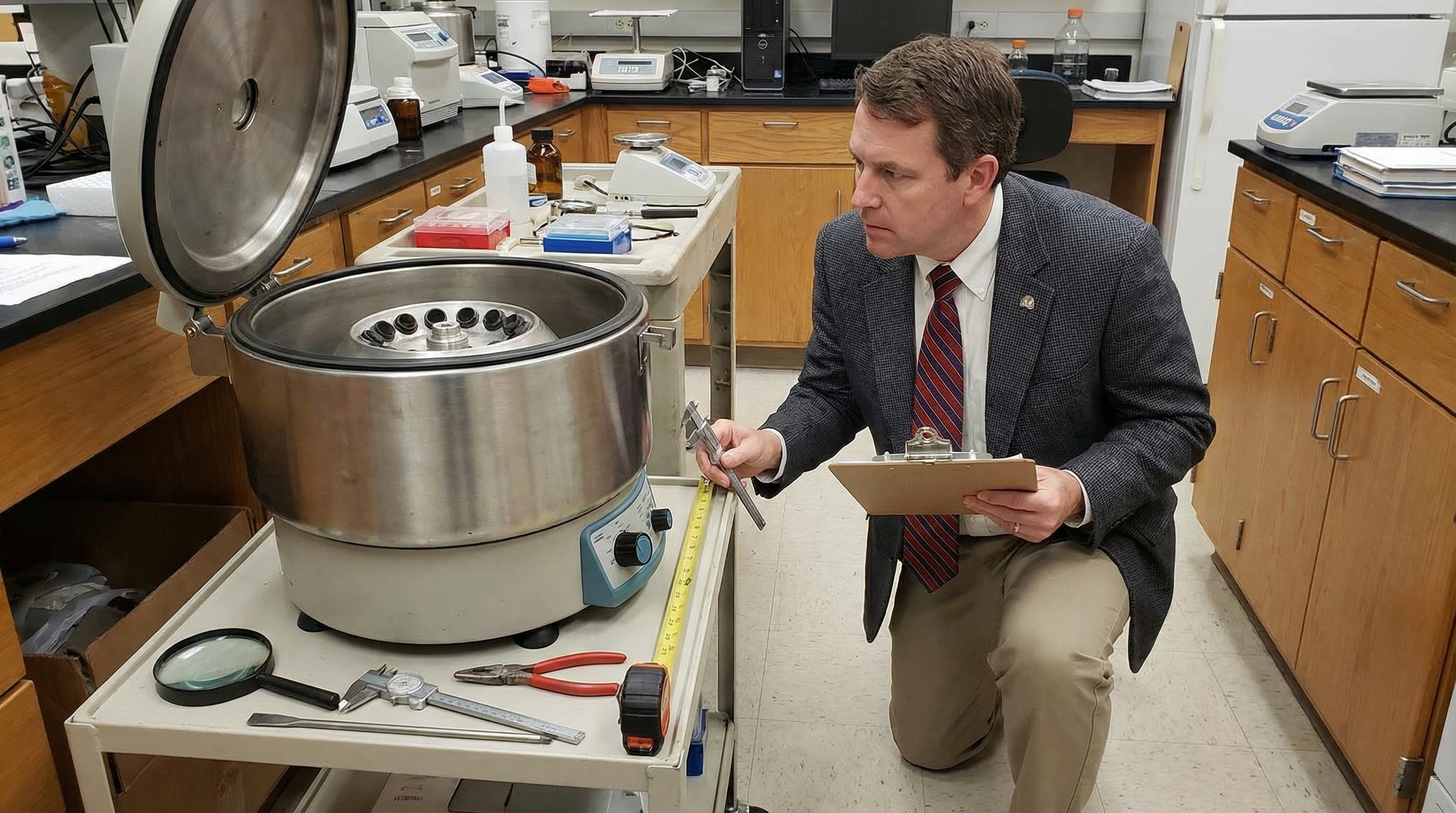 professional appraiser examining laboratory equipment with clipboard and measuring tools