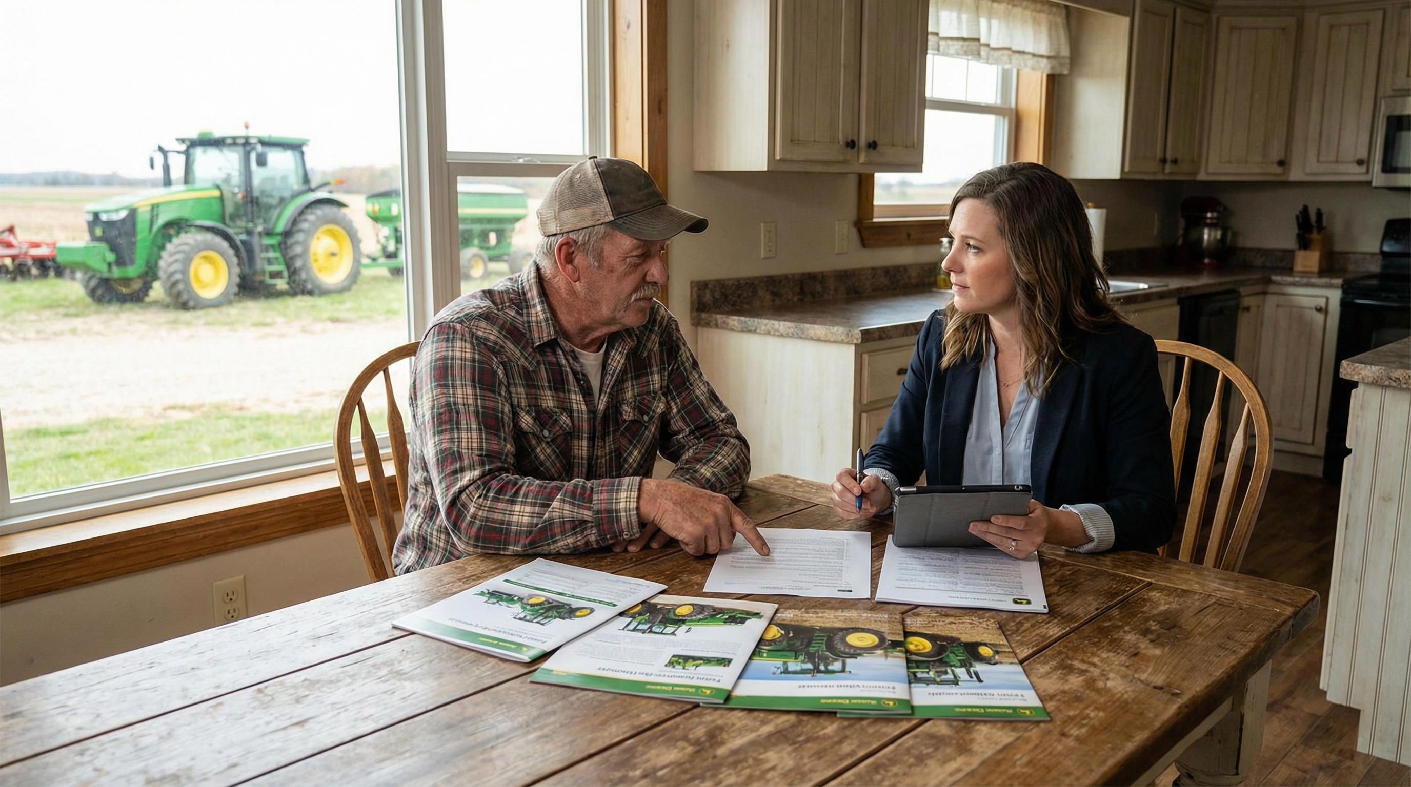 Farmer meeting with insurance agent discussing equipment coverage