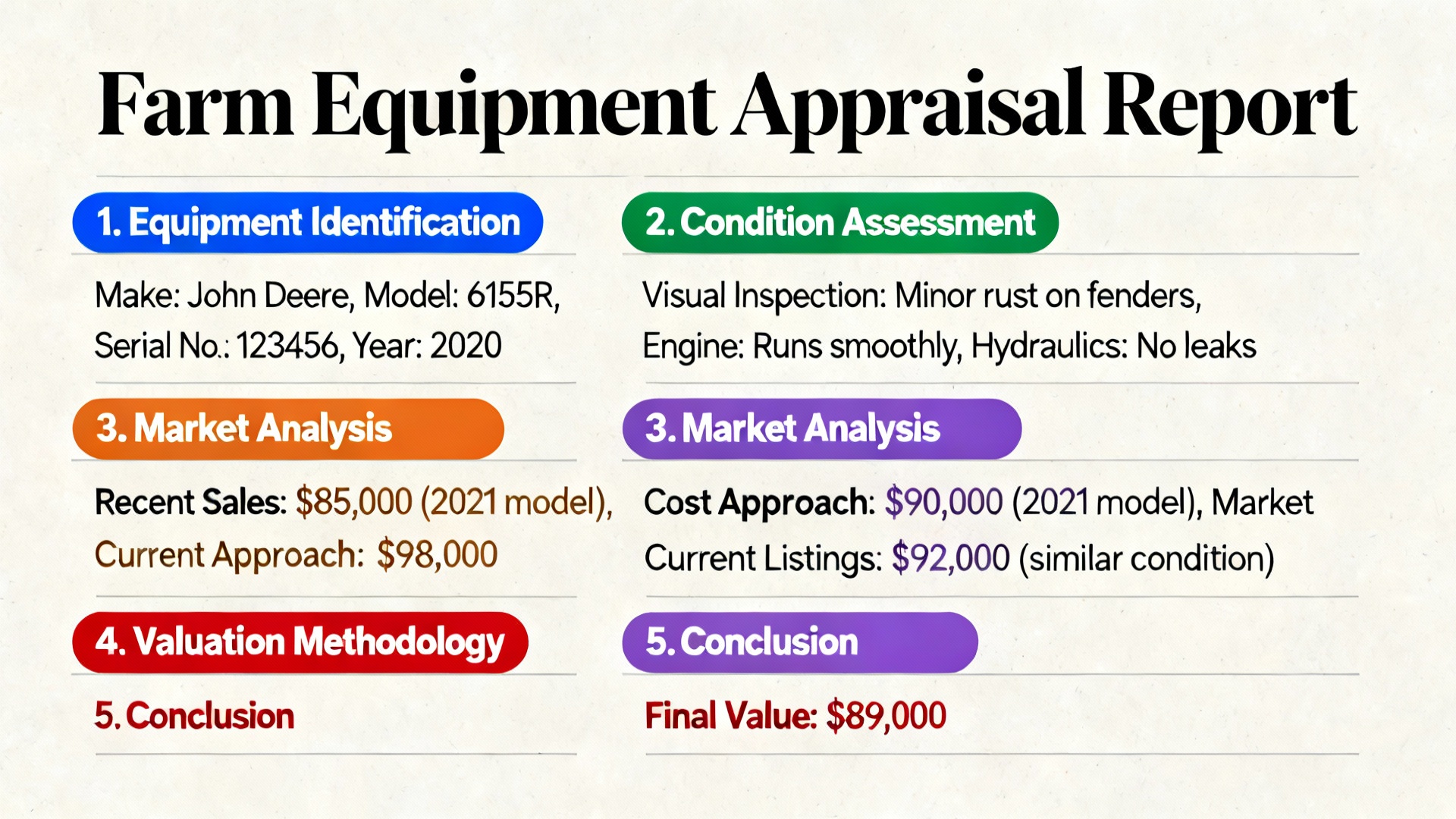 Sample farm equipment appraisal report with sections highlighted