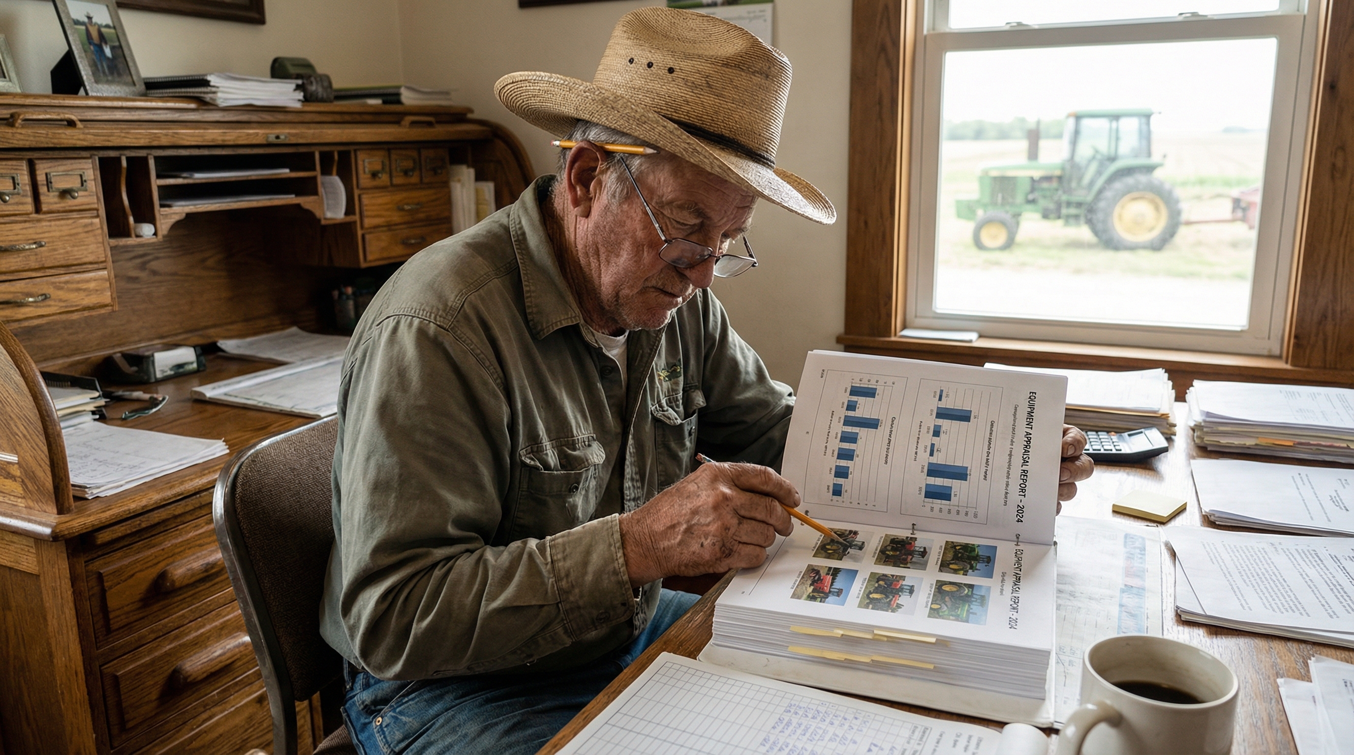 Farmer reviewing equipment appraisal report at desk
