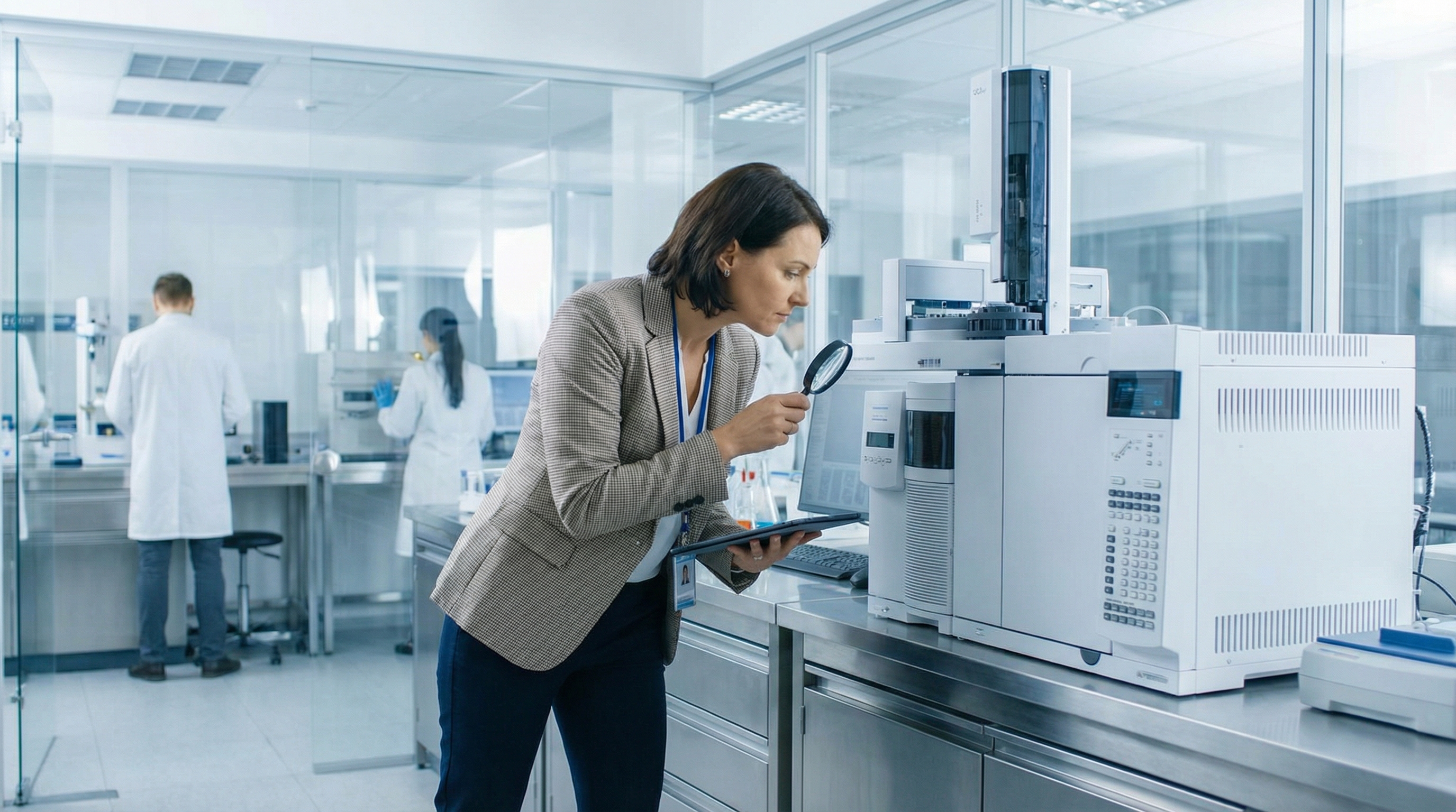professional appraiser inspecting laboratory equipment in modern lab setting