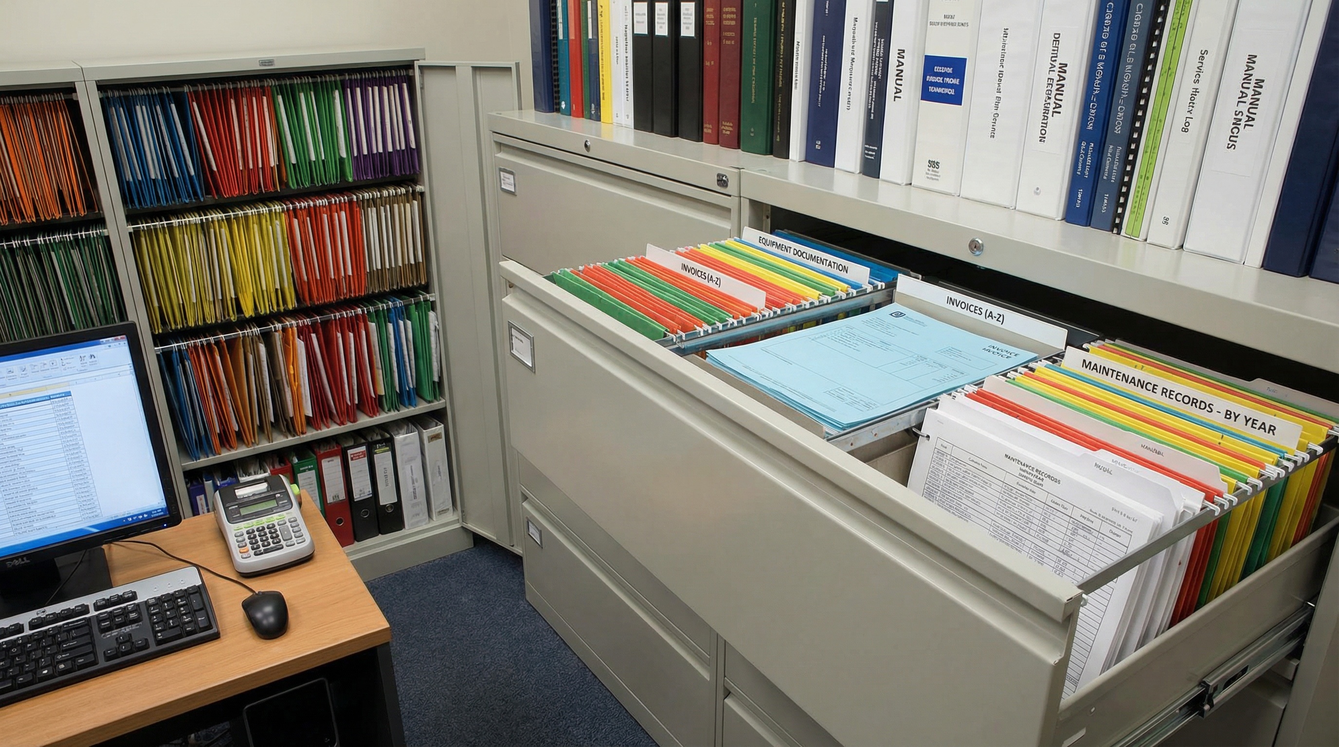 organized filing system with equipment documentation, invoices, and maintenance records