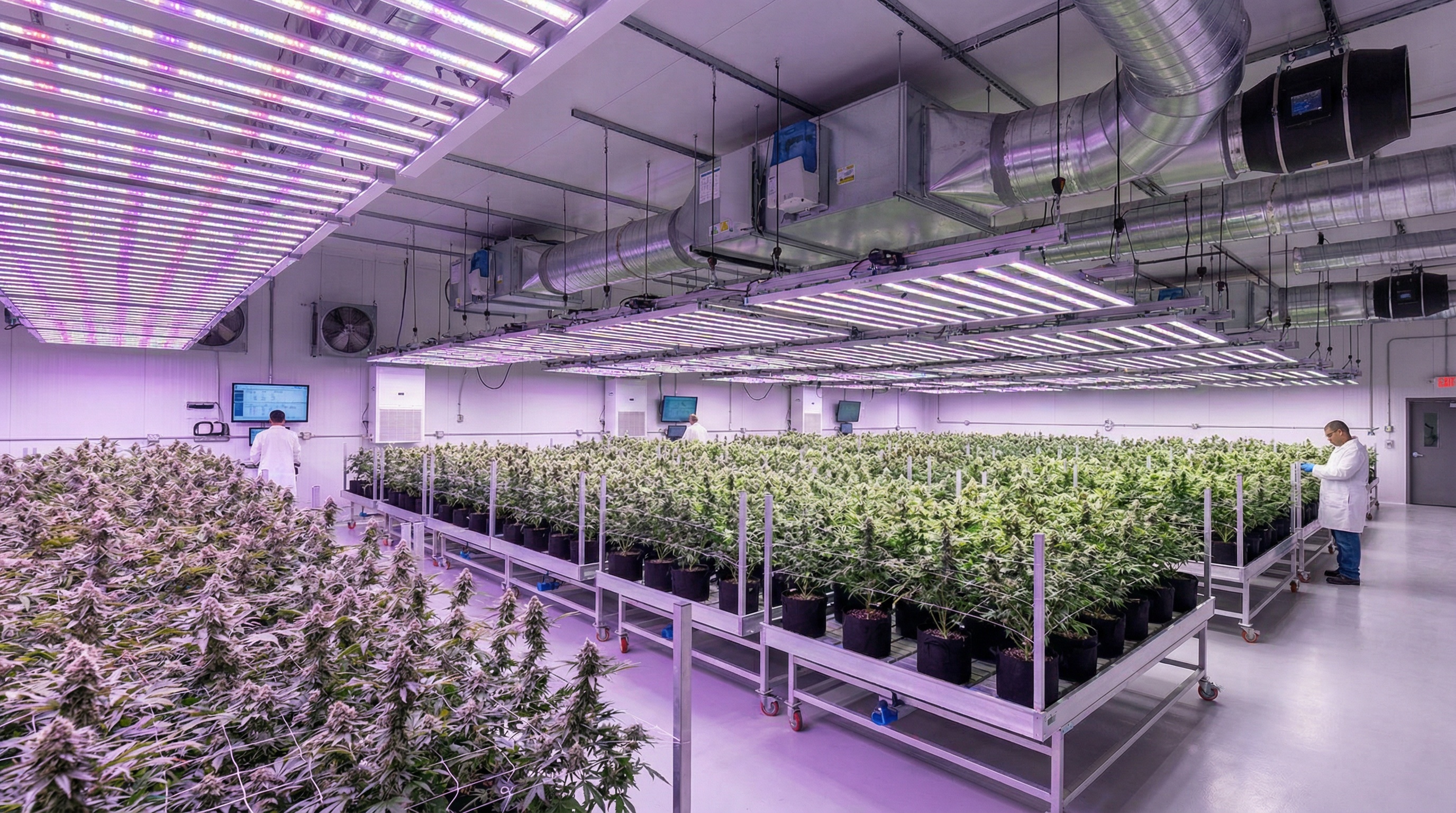 modern cannabis cultivation facility showing rows of plants under LED lighting systems with climate control equipment