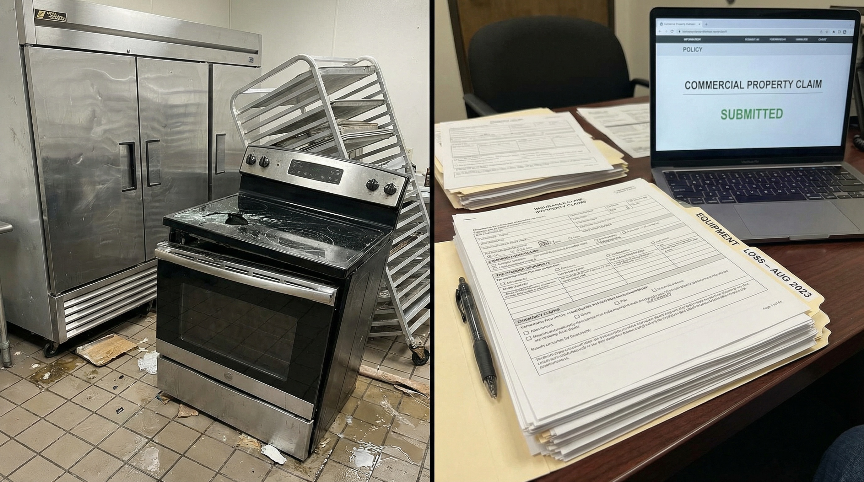 split image showing damaged restaurant equipment on left and insurance claim paperwork on right