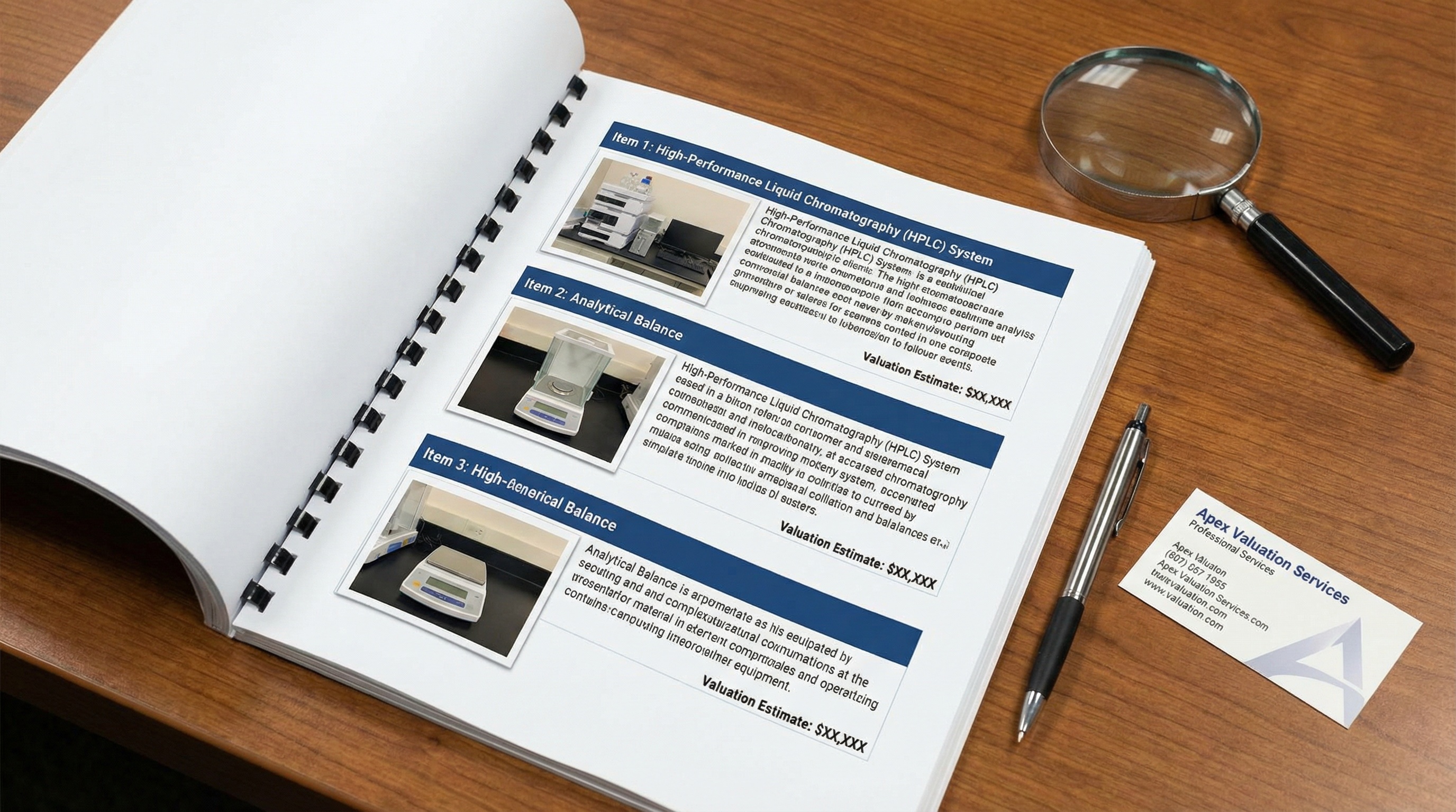 Professional appraisal report showing laboratory equipment with photos and detailed valuations