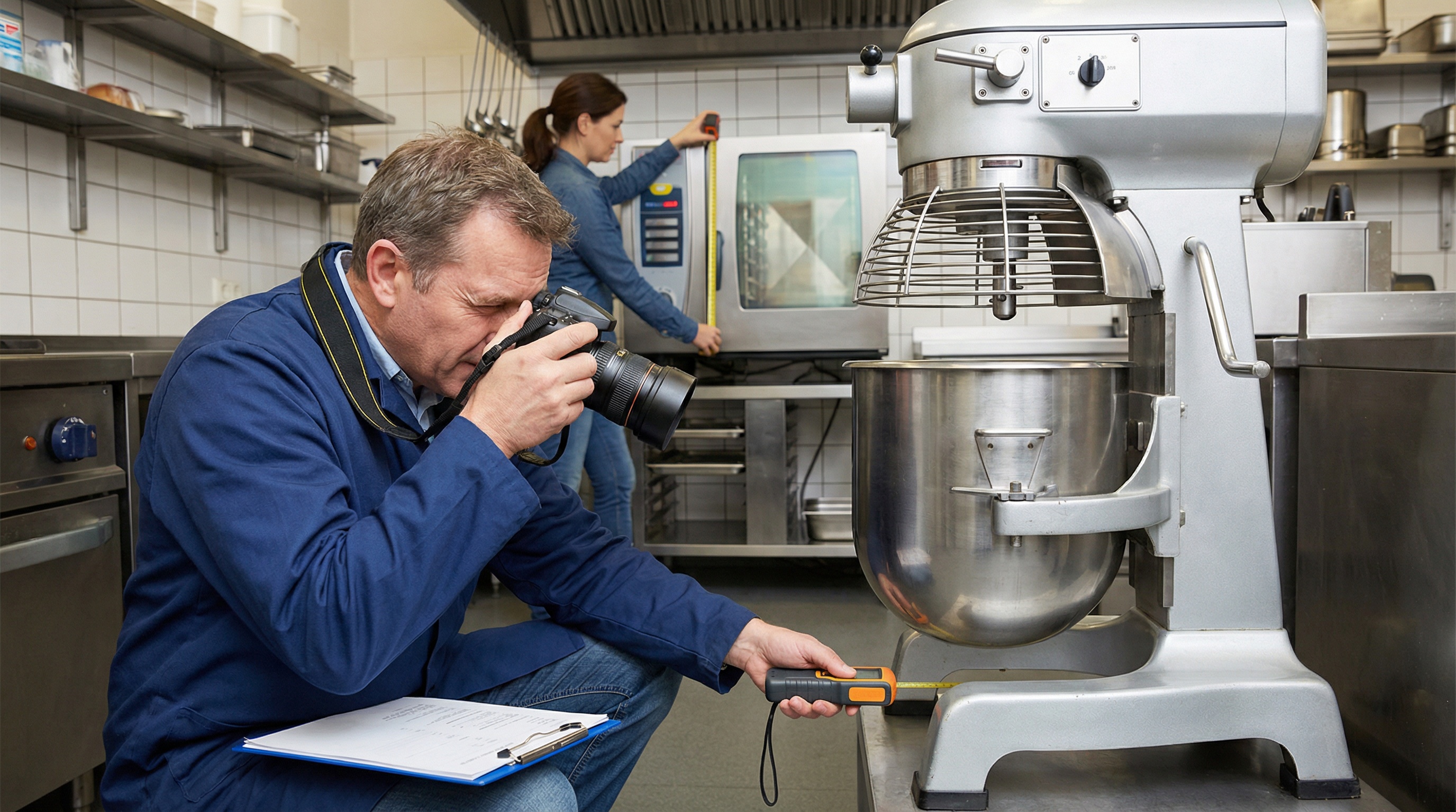 appraiser taking detailed photos and measurements of commercial kitchen equipment