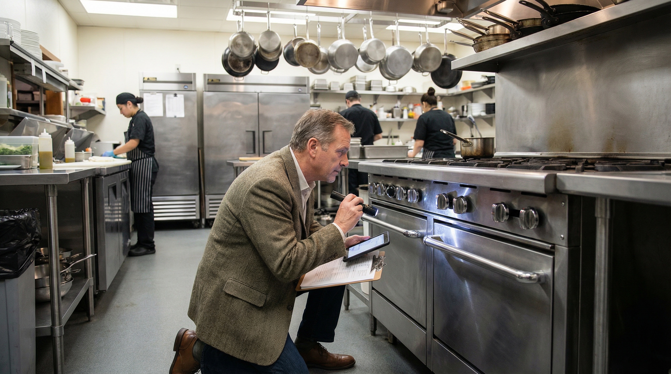 professional appraiser examining commercial kitchen equipment in a restaurant setting