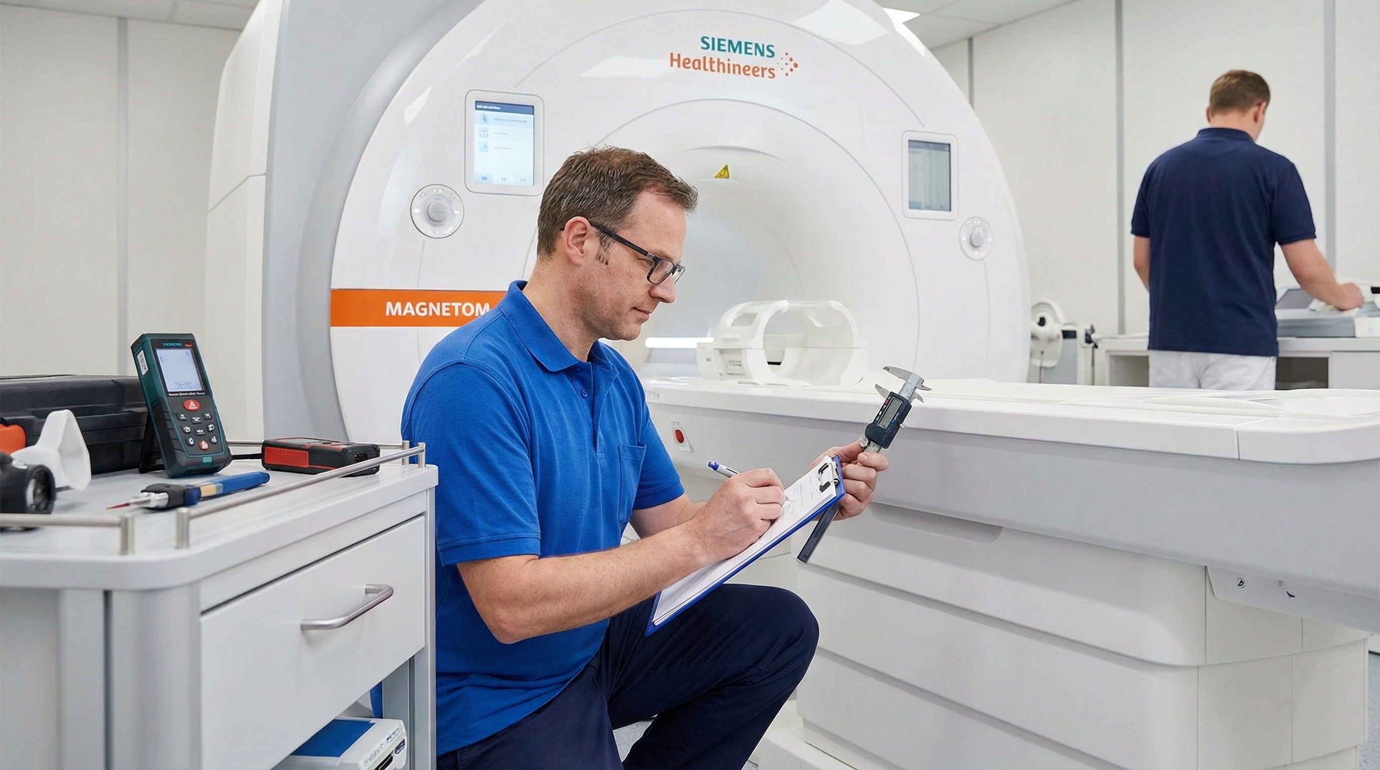 appraiser examining MRI machine with clipboard and measurement tools
