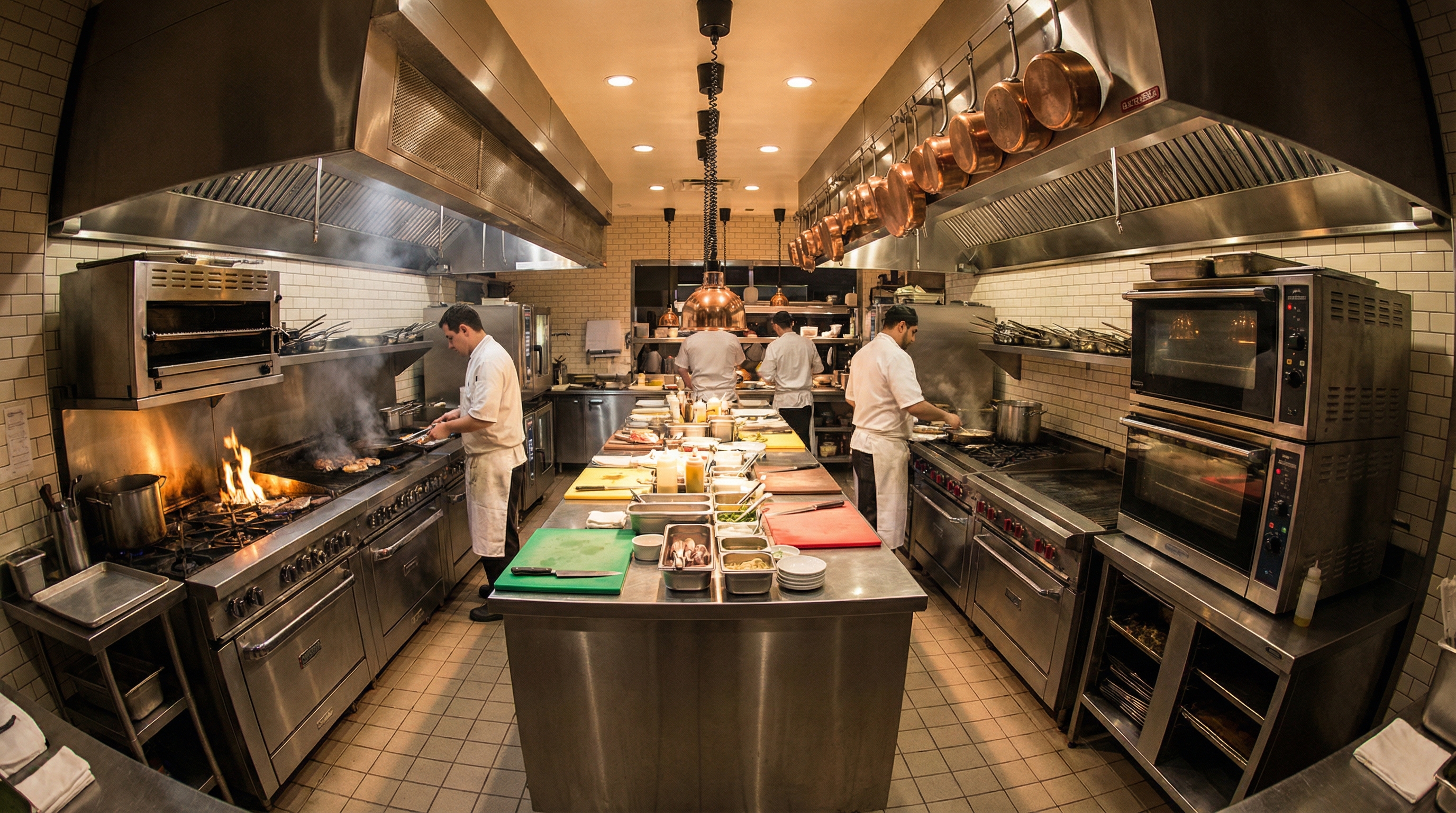 restaurant kitchen with professional equipment including ovens, grills, and prep stations