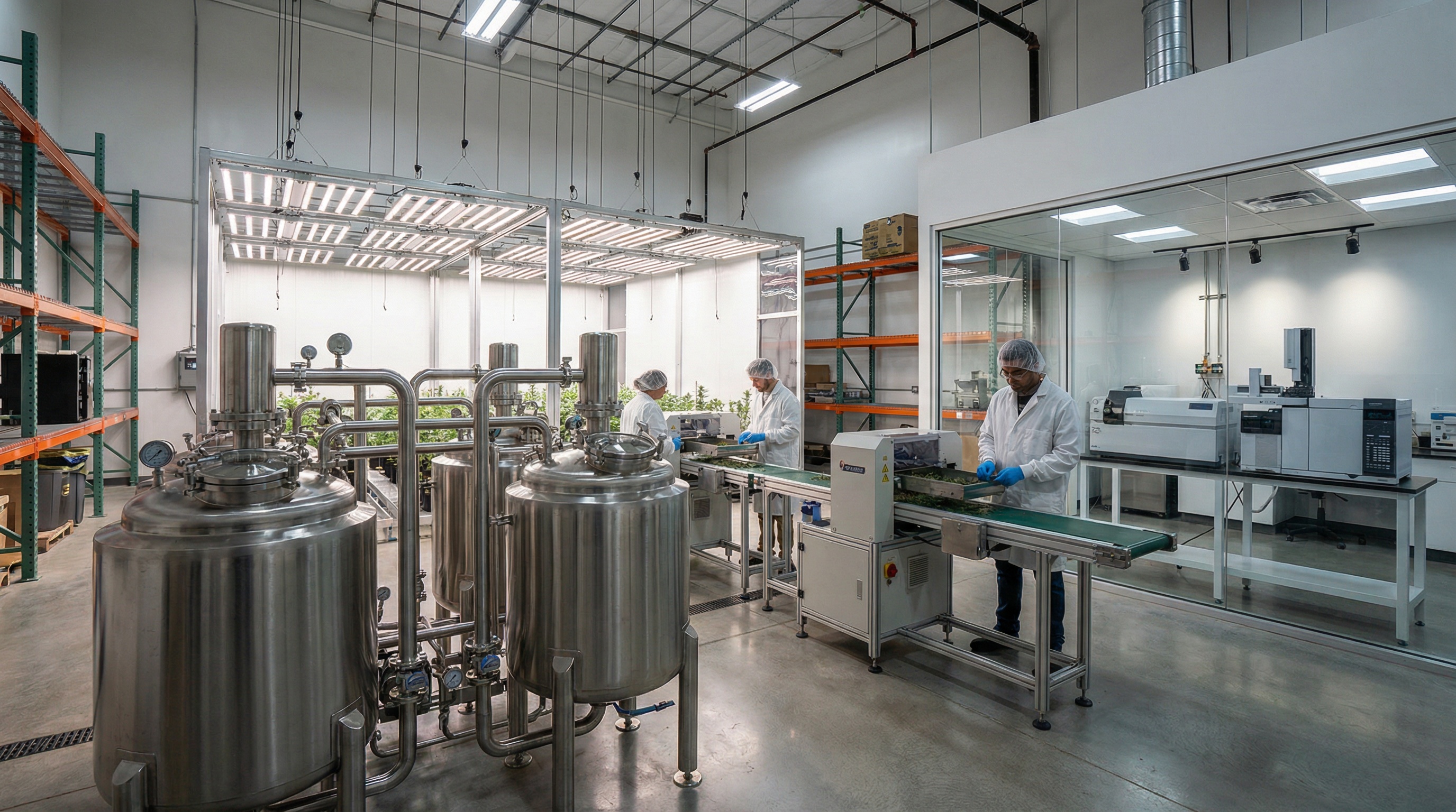 Various types of cannabis equipment being appraised including extraction machines, grow lights, and processing equipment