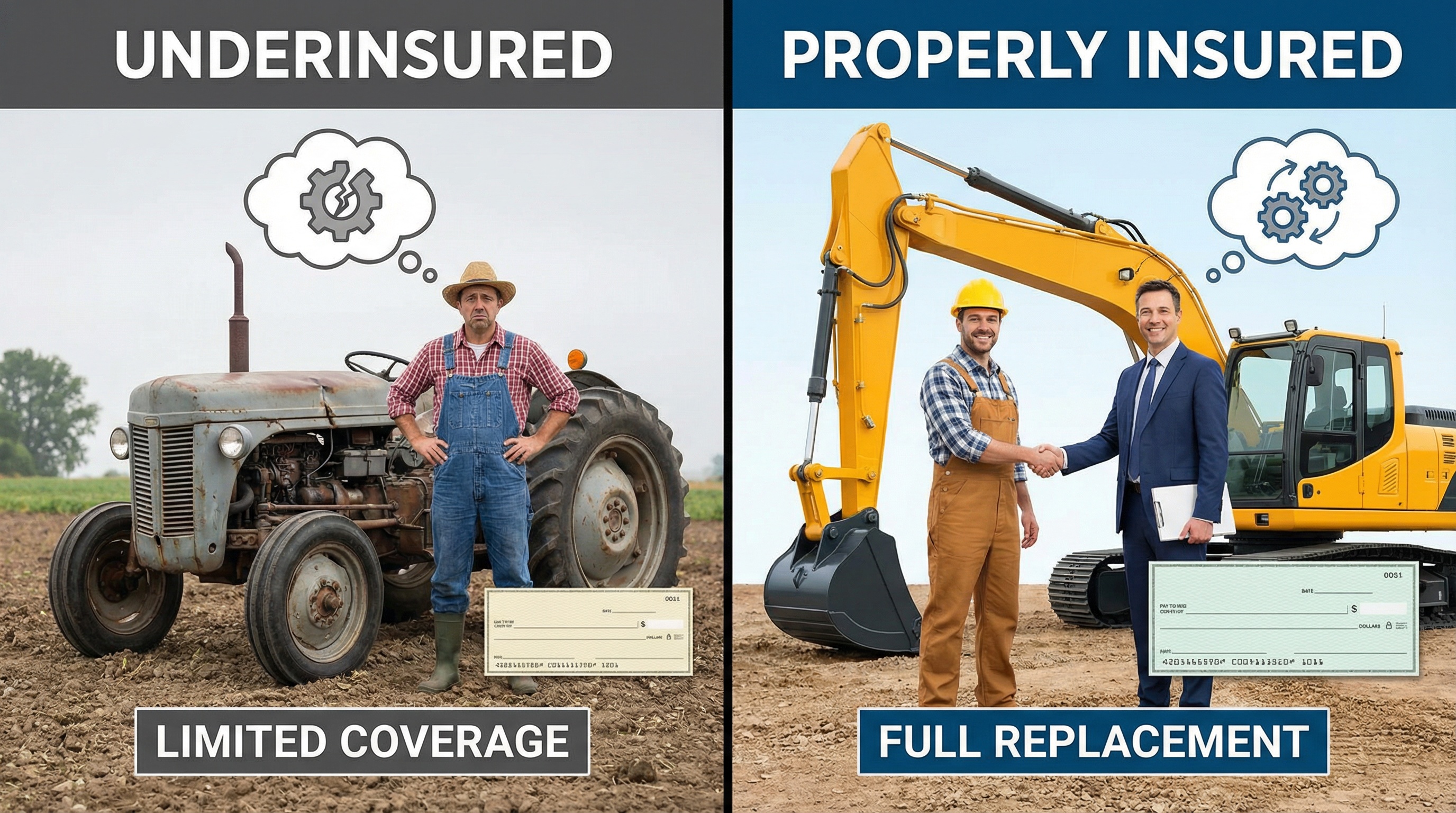 split screen showing underinsured vs properly insured equipment claim outcomes
