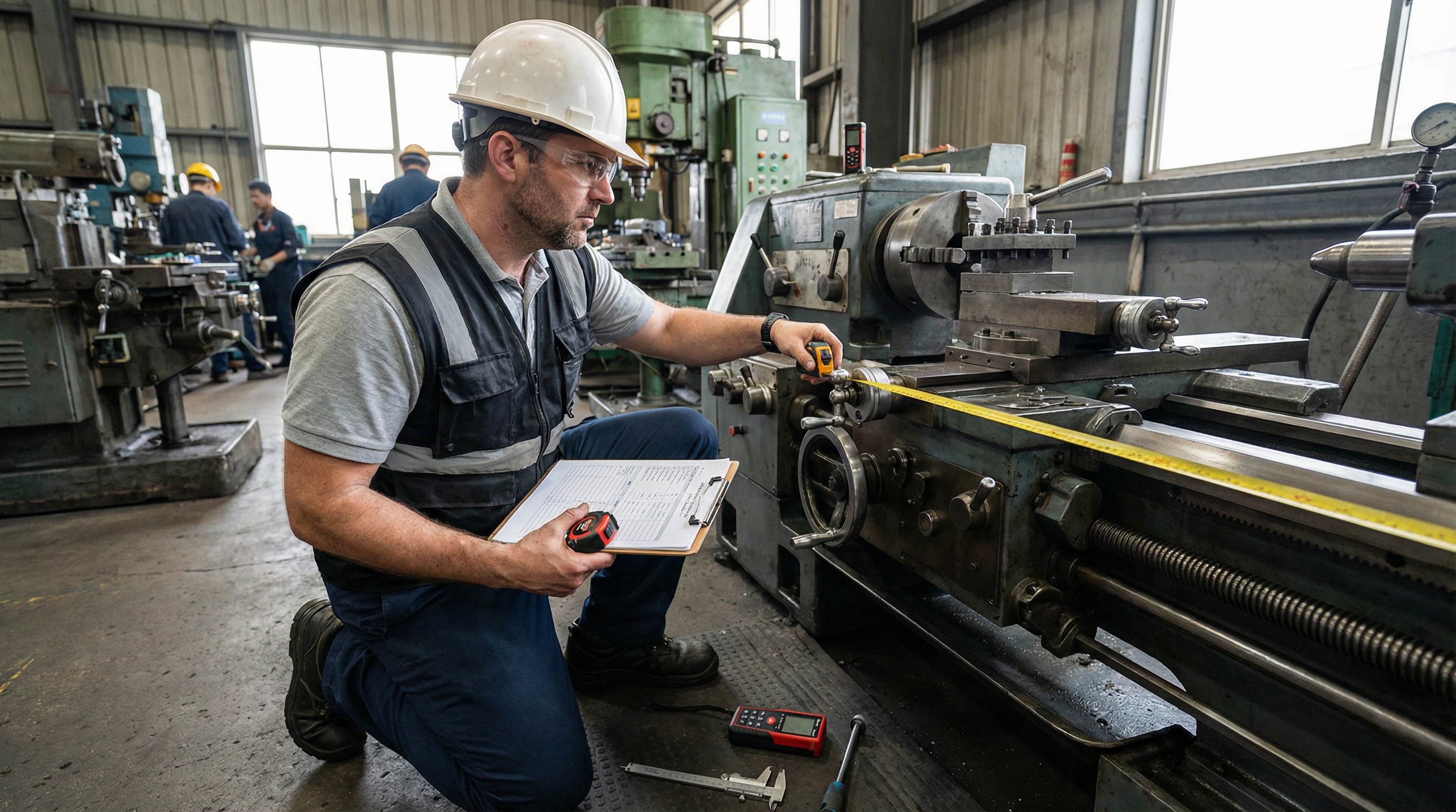 appraiser conducting equipment inspection with clipboard and measuring tools