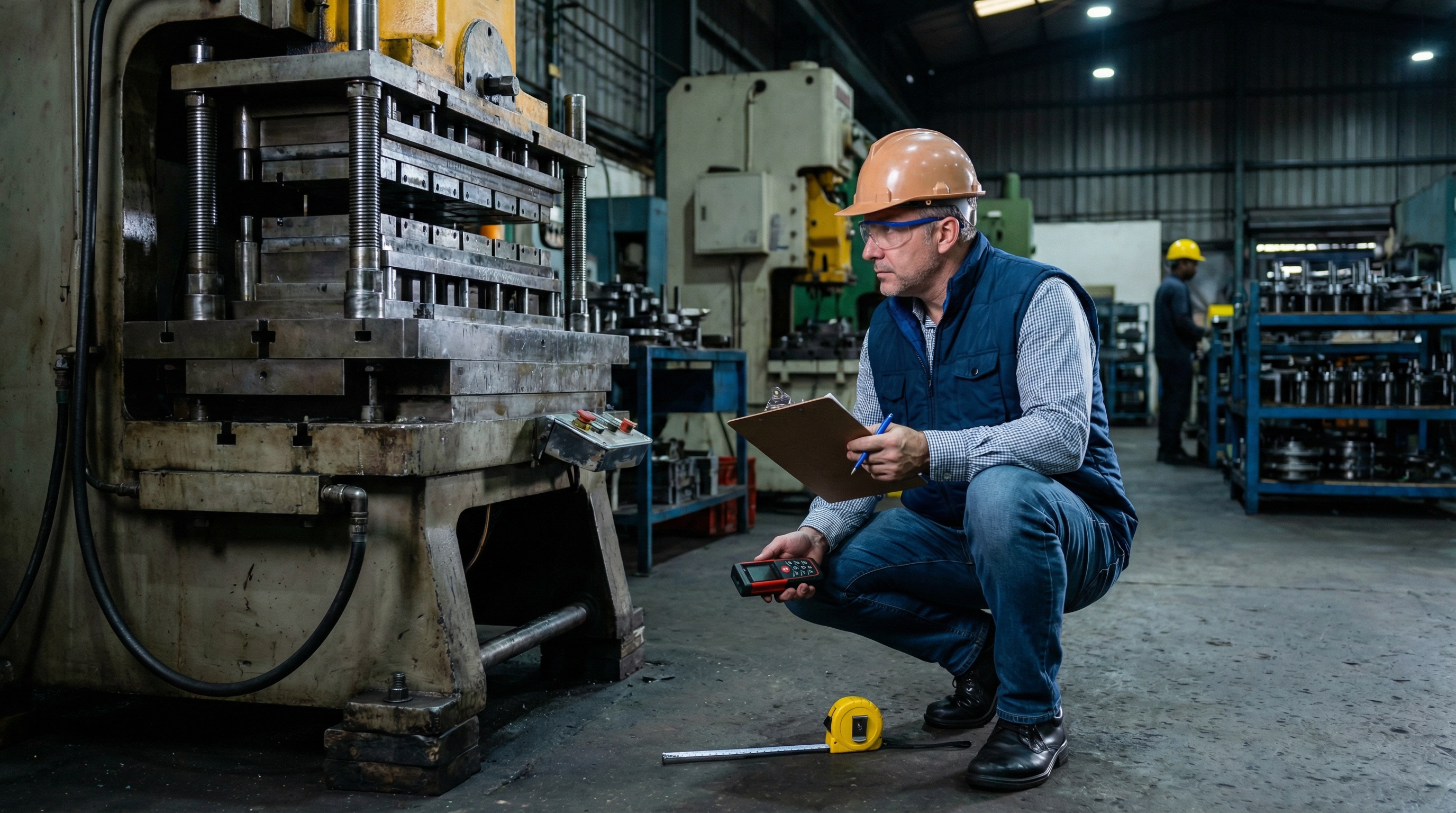 Professional appraiser inspecting industrial machinery with clipboard and measuring tools in manufacturing facility